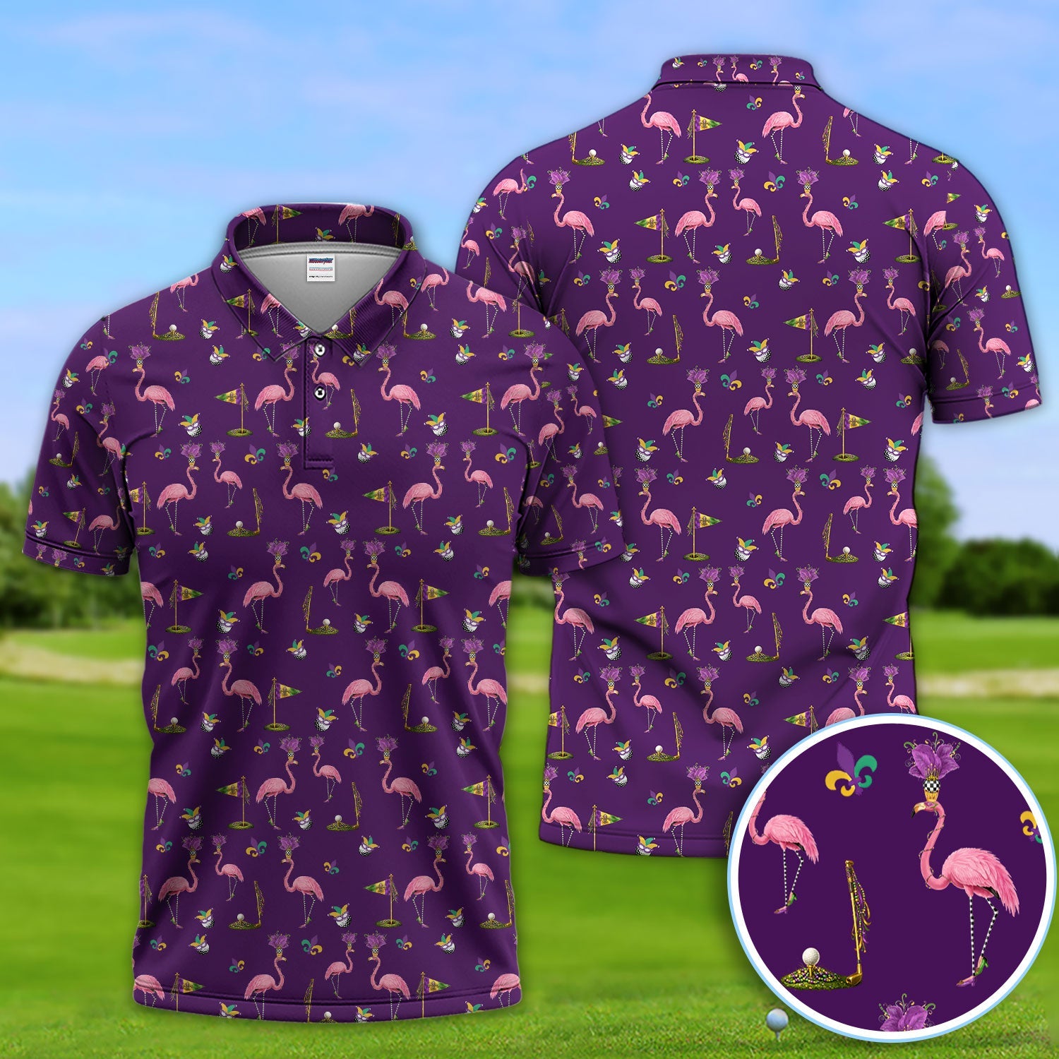 Flamingo Mardi Gras Golf Polos For Golfer, Funny Holiday Pattern Golf Shirt, Golf Gift For Men