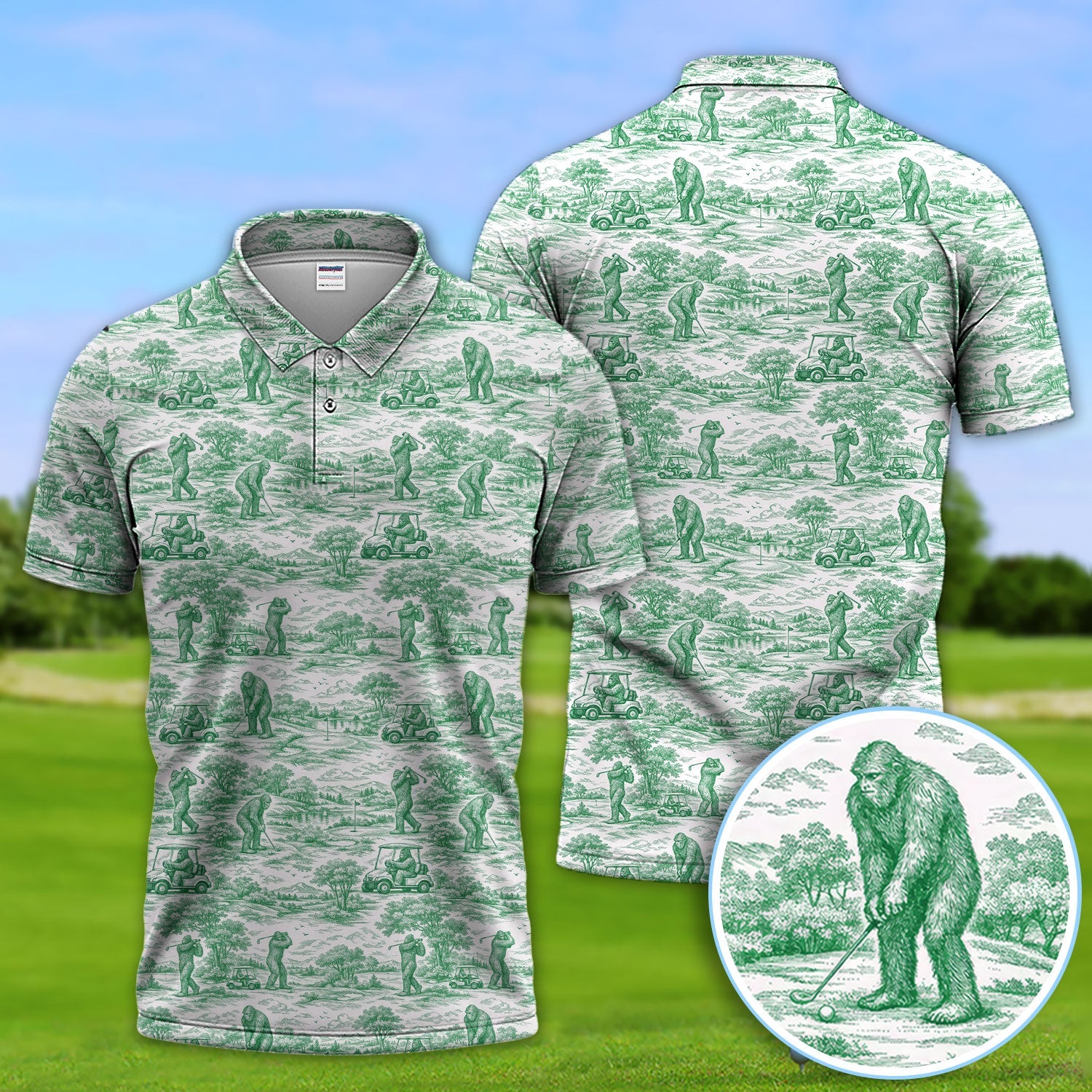 Crazy Bigfoot Pattern Golf Polos, Funny Sasquatch Golf Shirt For Men, Golf Gift For Golfer