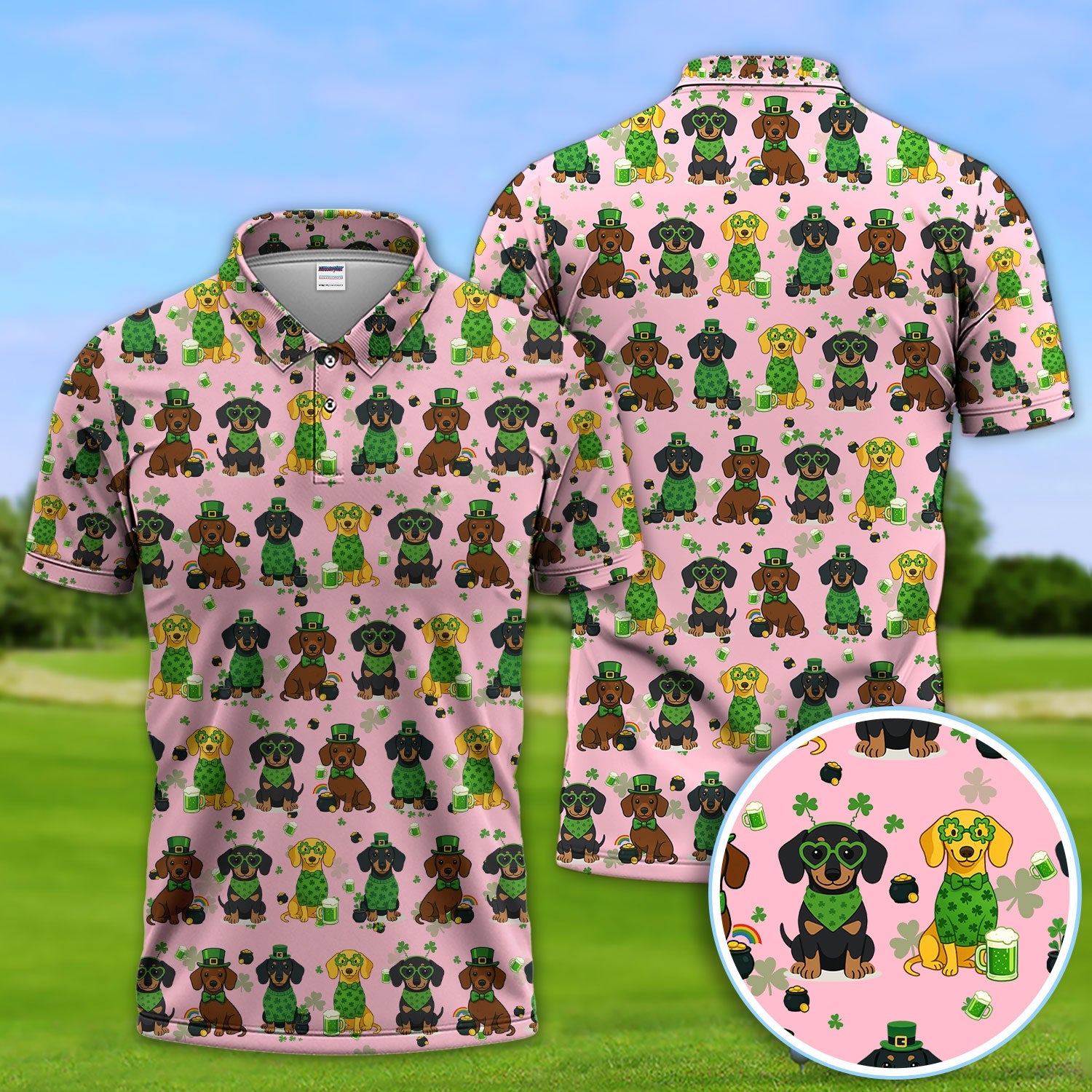 St. Patrick’s Day Dachshund Dog Pattern Golf Shirt, Funny Shamrock Dog Golf Polos For Men, Golf Gift For Golfer
