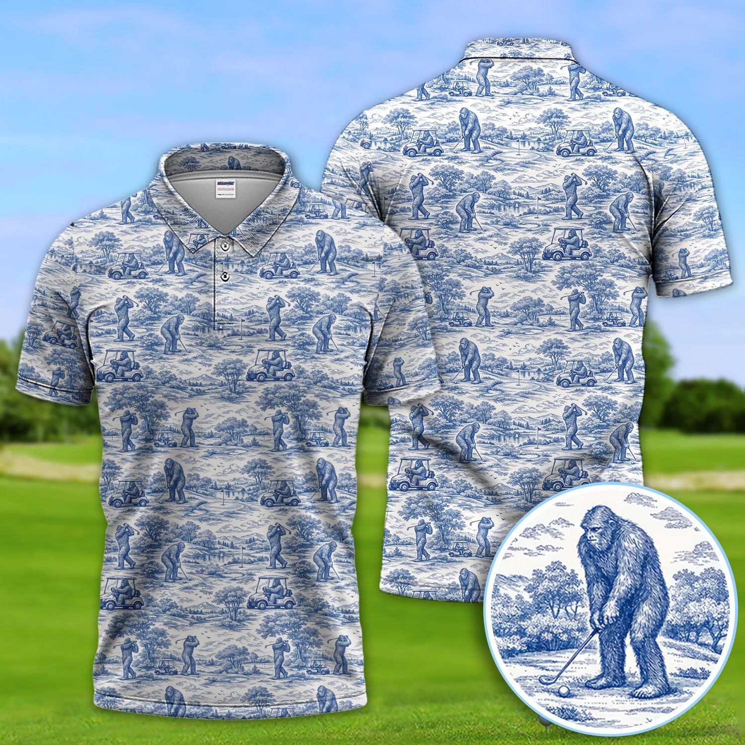 Crazy Bigfoot Pattern Golf Polos, Funny Sasquatch Golf Shirt For Men, Golf Gift For Golfer