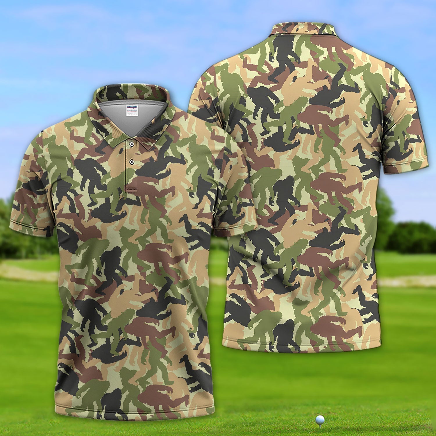 Bigfoot Camo Pattern Golf Polos, Crazy Sasquatch Golf Shirt, Funny Golf Gift For Golfer