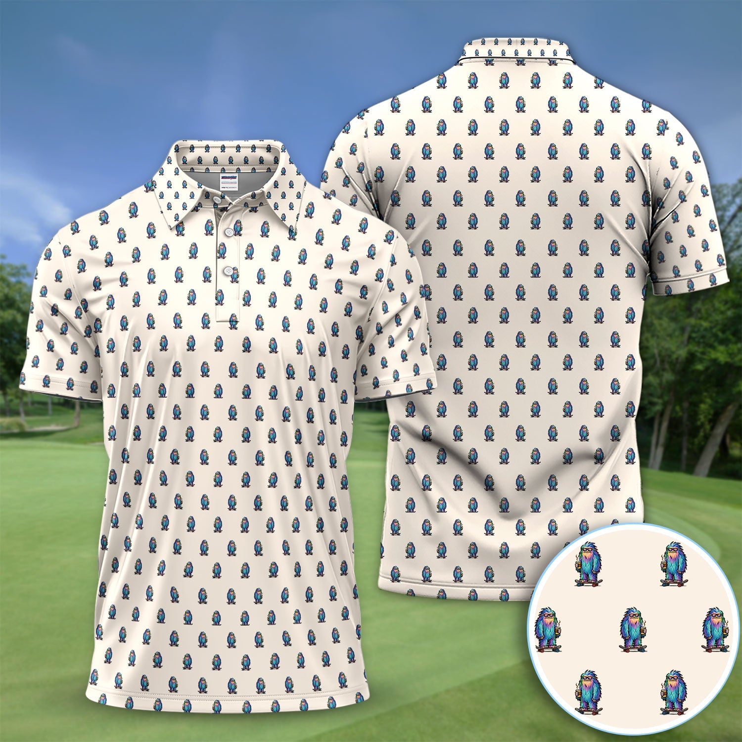 Funny Yeti Pattern Golf Polos, Bigfoot Coffee Skateboard Golf Shirt, Crazy Golf Shirts For Men