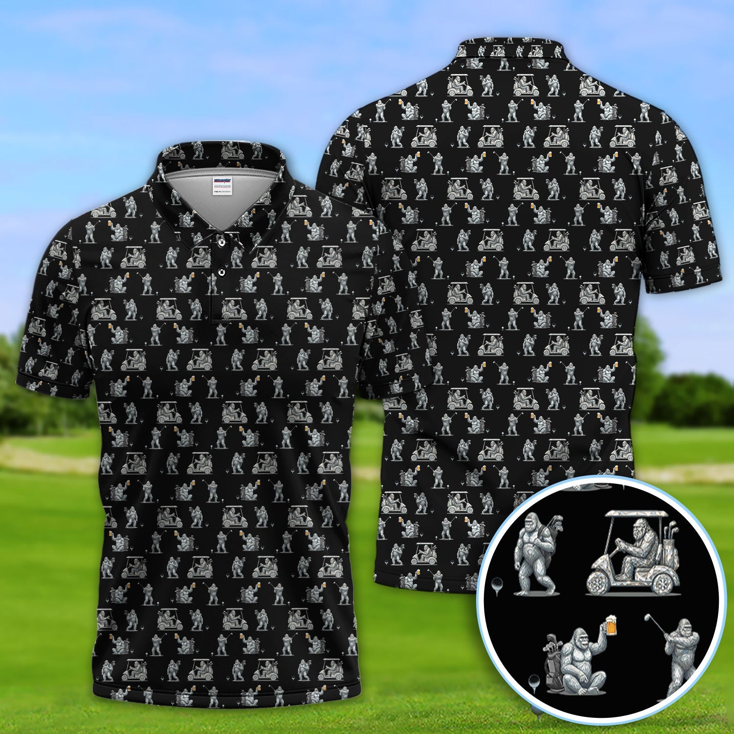 Funny Bigfoot Pattern Golf Shirt, Squatch Bigfoot Golf Polos, Crazy Golf Gift For Men