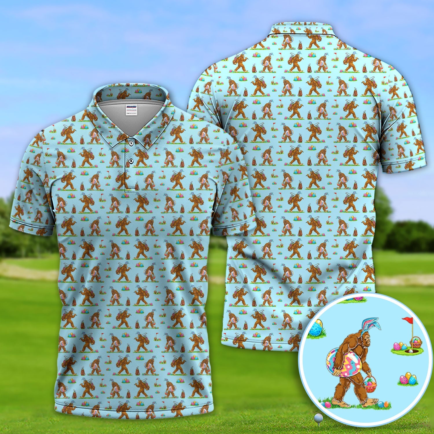 Bigfoot Easter Pattern Golf Polos, Bunny Sasquatch Golf Shirt For Men, Easter Day Shirt For Golfer