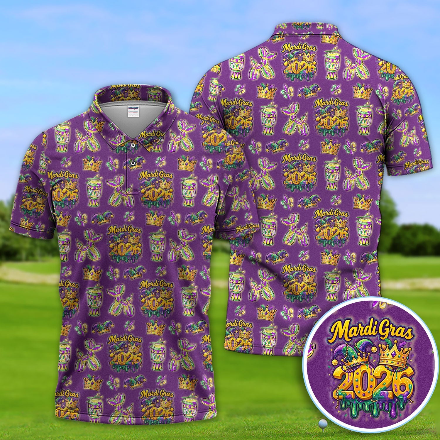 Mardi Gras 2026 Golf Polos For Golfer, Festive Crown Mask Pattern Golf Shirt, Golf Gift For Men