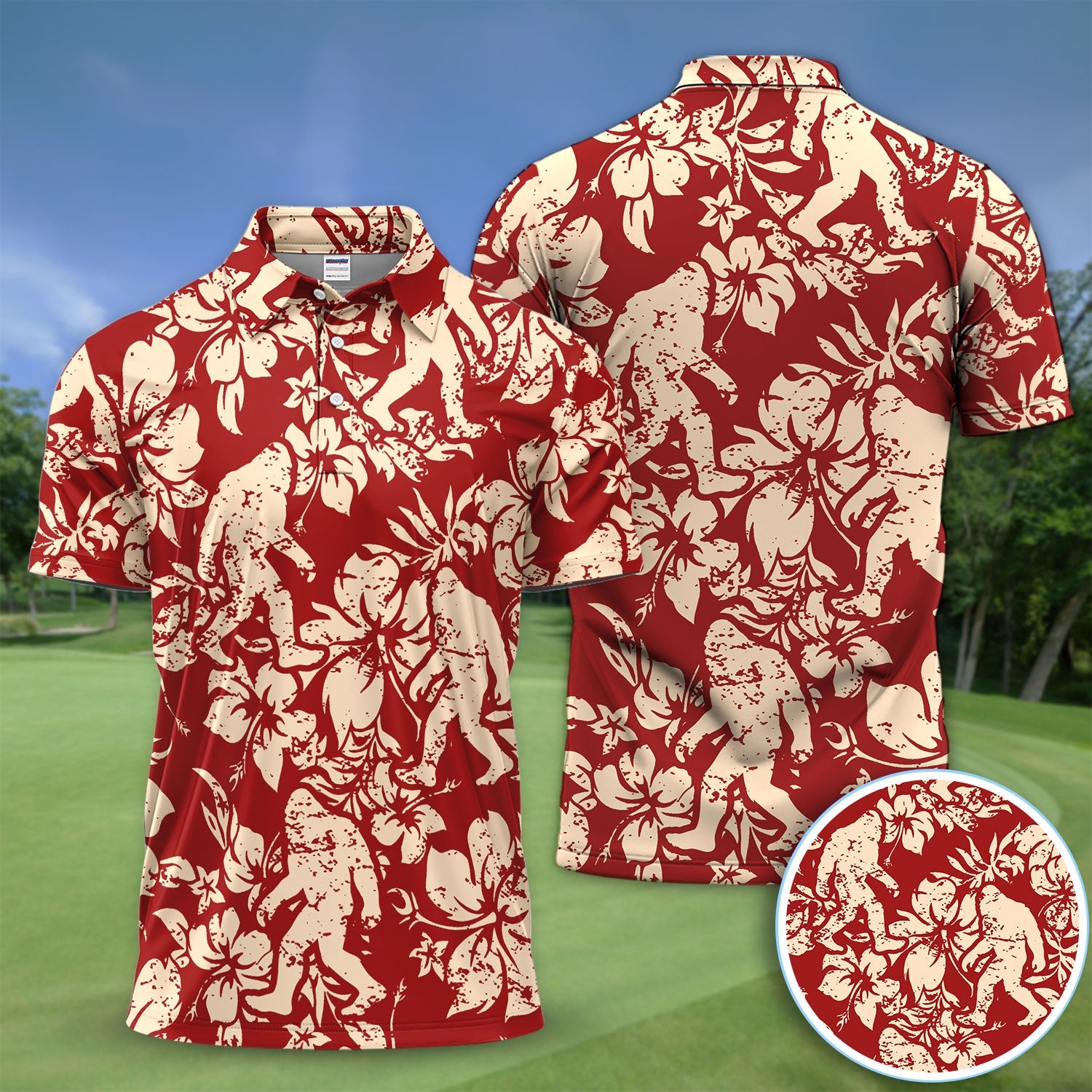 Red Bigfoot Hawaiian Polo Shirt For Men, Sasquatch Floral Aloha All Over Print, Tropical Casual Summer Golf Shirt
