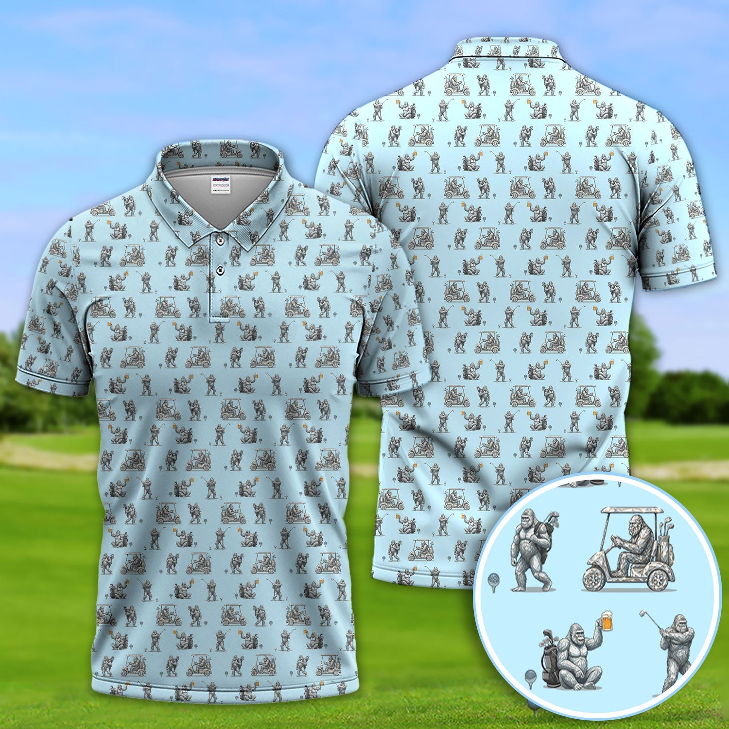 Funny Bigfoot Pattern Golf Shirt, Squatch Bigfoot Golf Polos, Crazy Golf Gift For Men