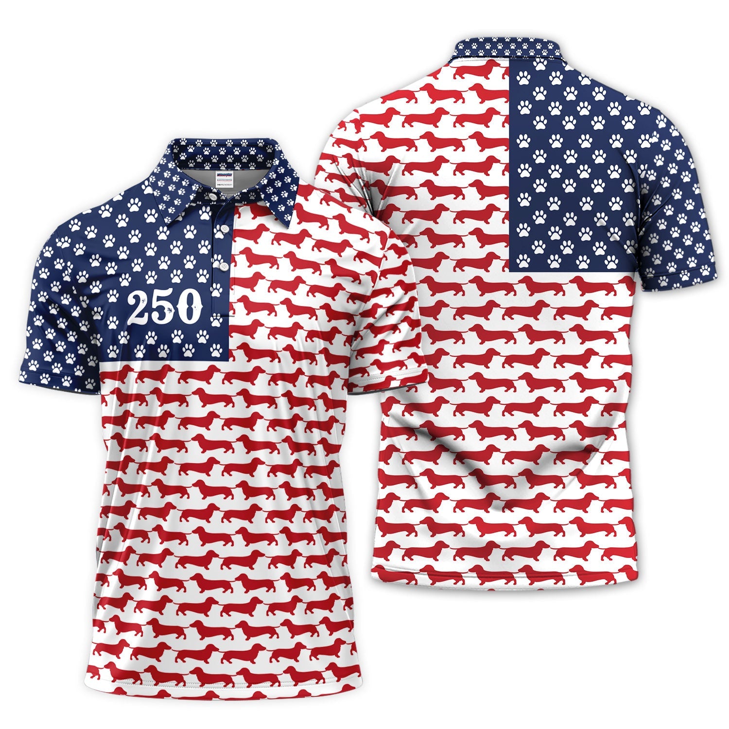 Dachshund USA Flag 250 Pattern Golf Polos, Crazy Dachshund Golf Shirt For Men, Funny Golf Shirt