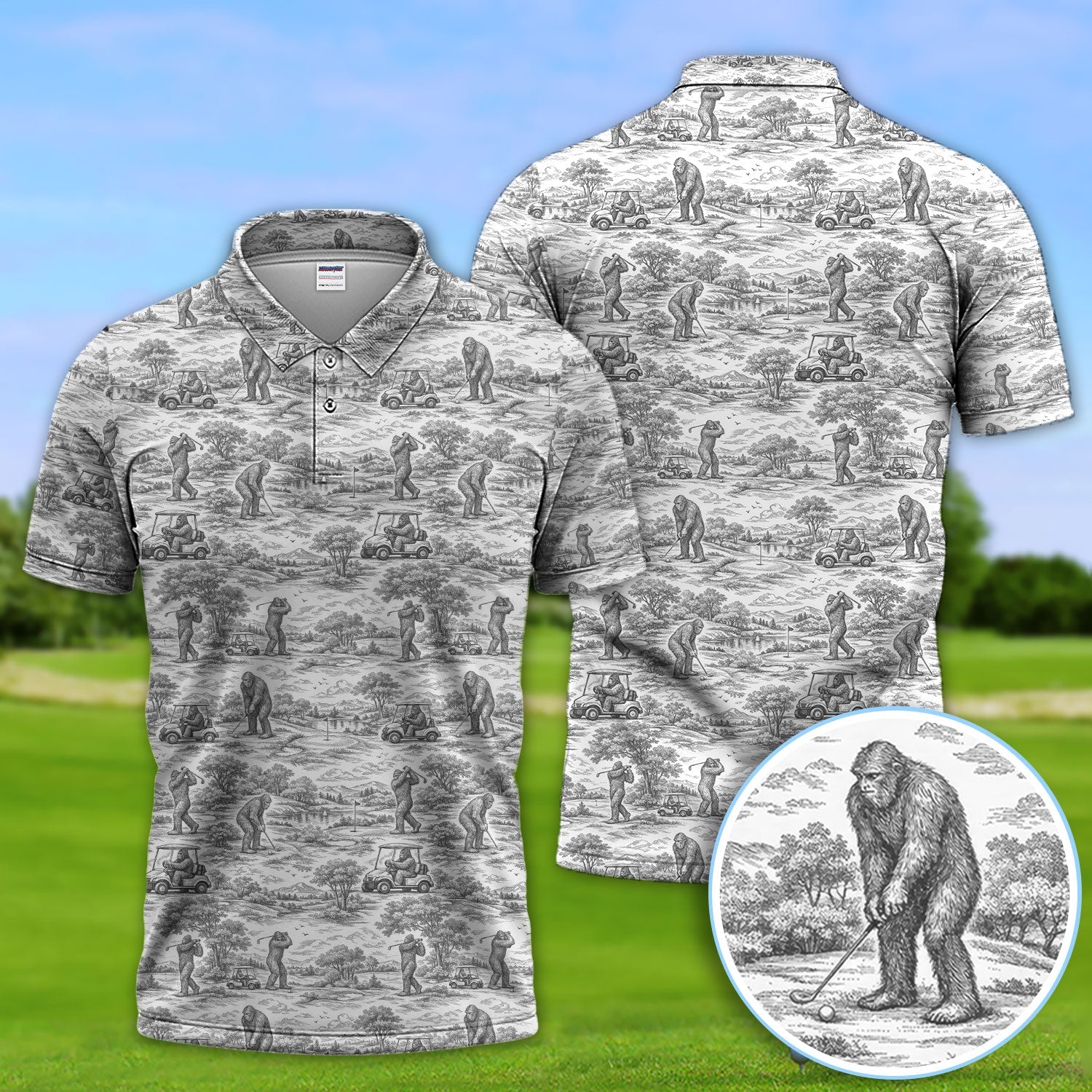 Crazy Bigfoot Pattern Golf Polos, Funny Sasquatch Golf Shirt For Men, Golf Gift For Golfer
