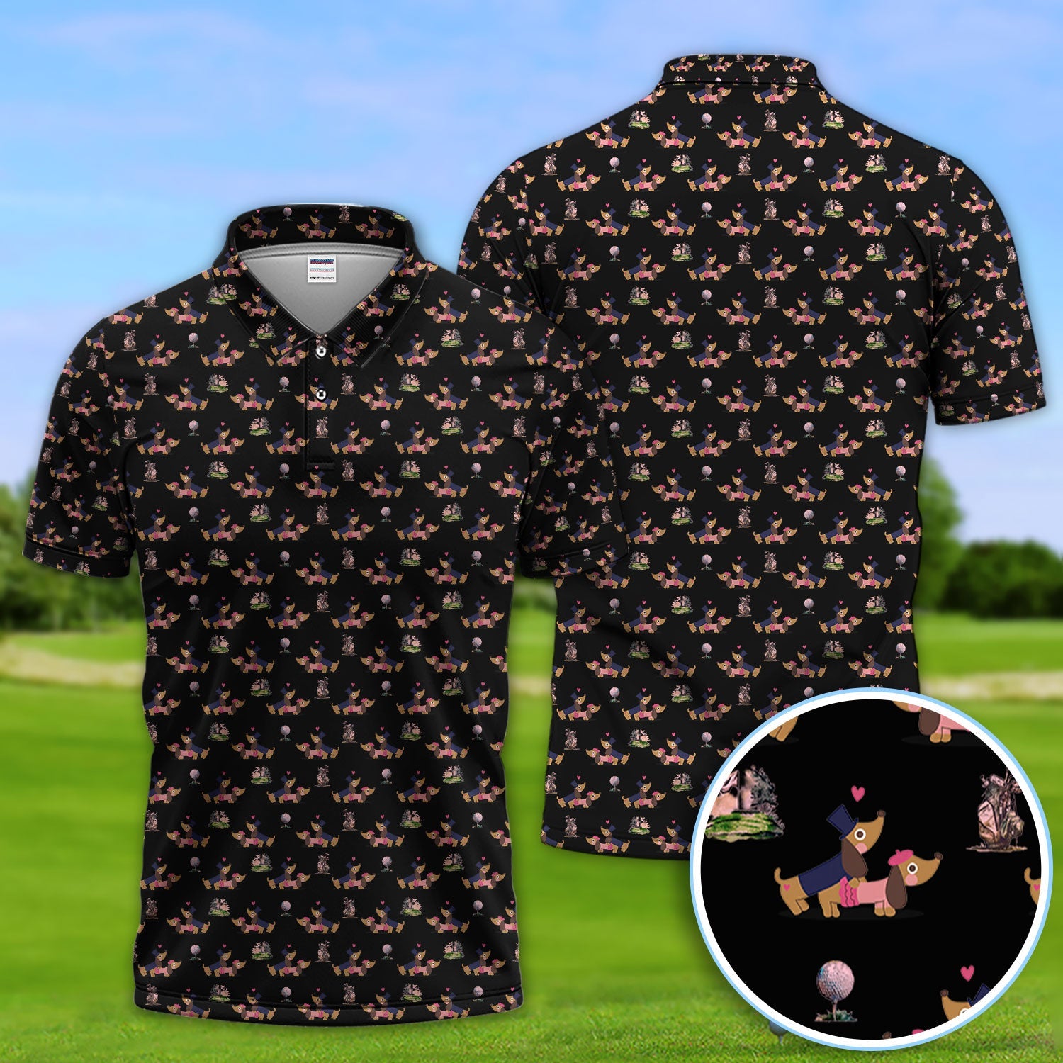 Dachshund Love Pattern Golf Shirt, Wiener Dog Golf Polos, Golf Gift For Golfer