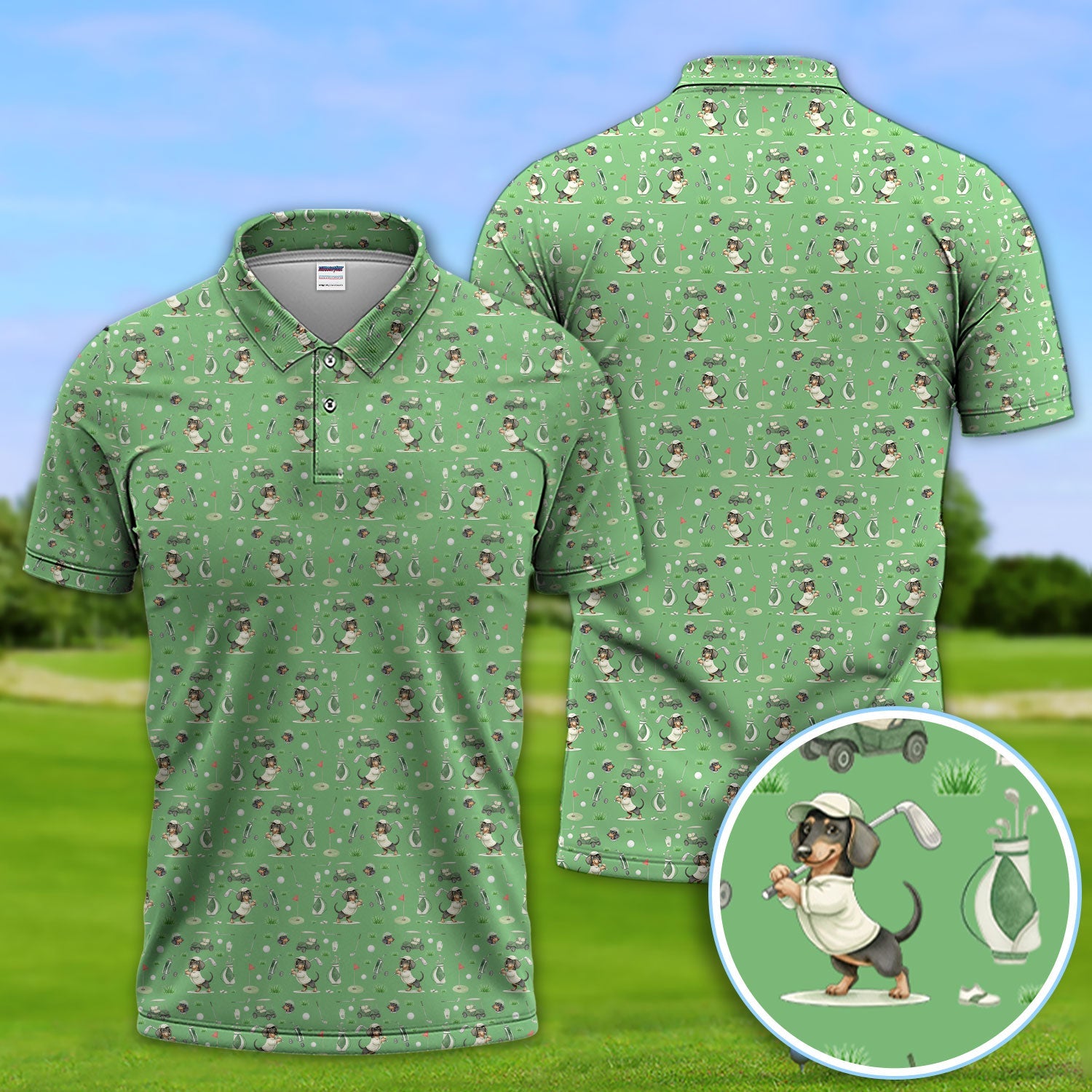 Funny Wiener Dog Golf Shirt, Dachshund Pattern Golf Polos, Crazy Golf Gift For Men