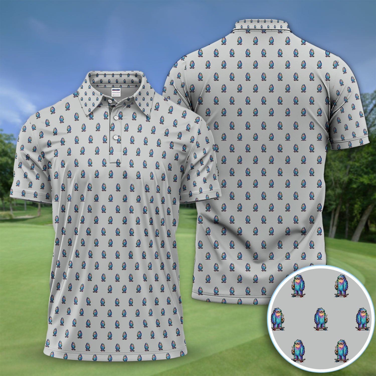 Funny Yeti Pattern Golf Polos, Bigfoot Coffee Skateboard Golf Shirt, Crazy Golf Shirts For Men