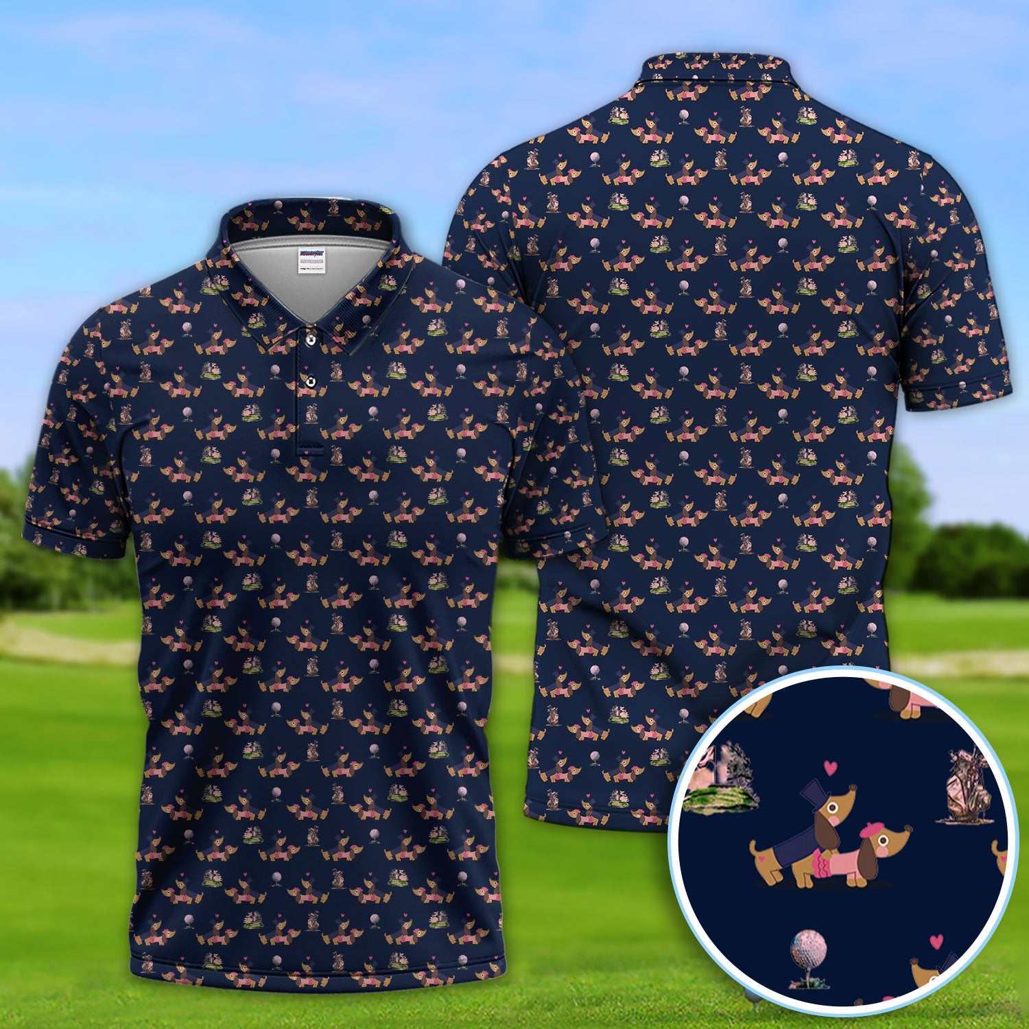 Dachshund Love Pattern Golf Shirt, Wiener Dog Golf Polos, Golf Gift For Golfer
