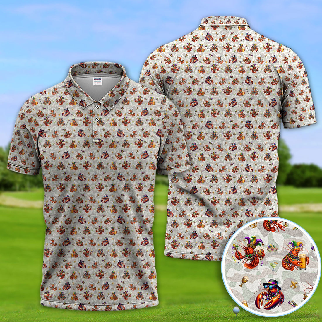 Funny Crawfish Mardi Gras Pattern Golf Shirt, Beer Crawdad Golf Polos For Golfer, Golf Gift For Men