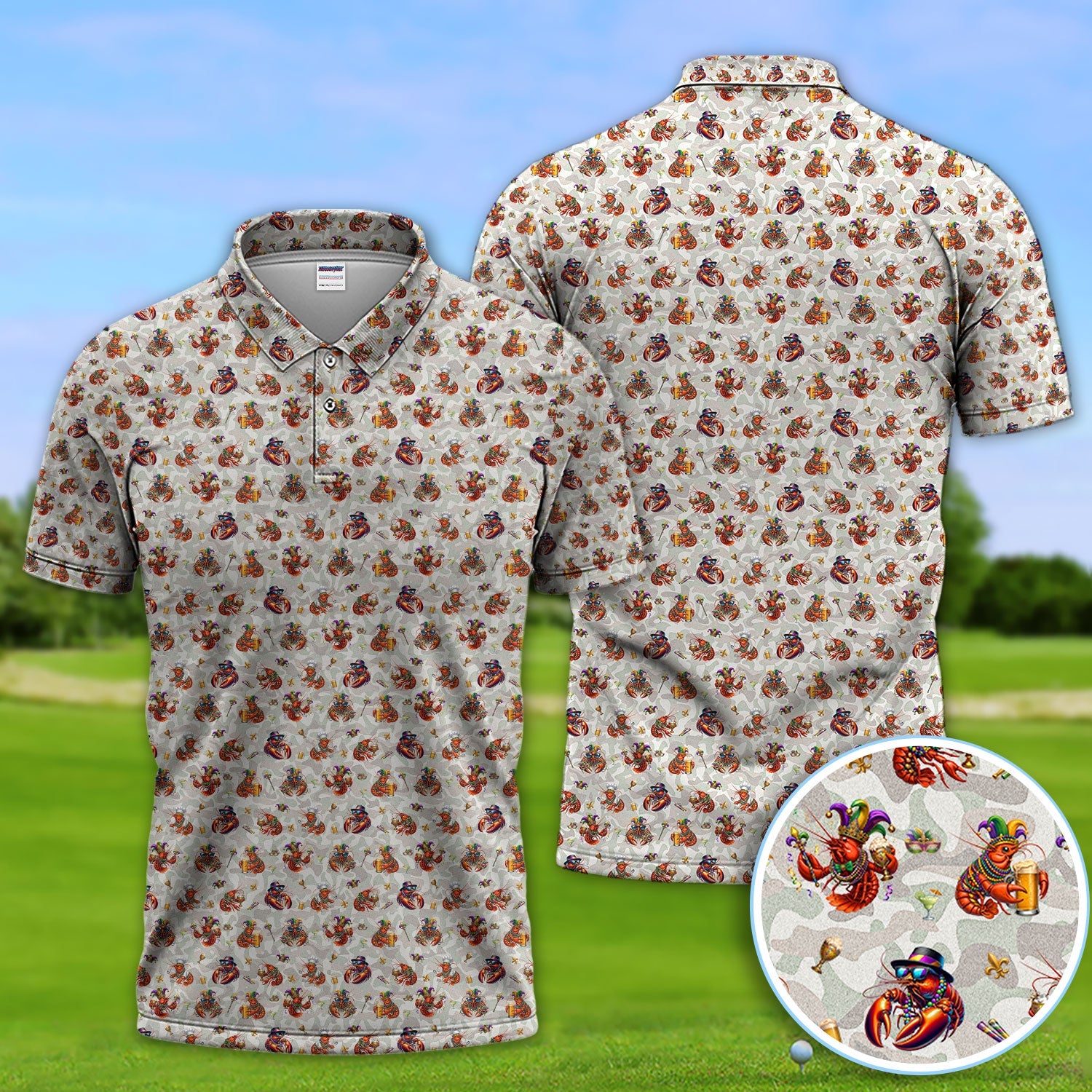 Funny Crawfish Mardi Gras Pattern Golf Shirt, Beer Crawdad Golf Polos For Golfer, Golf Gift For Men