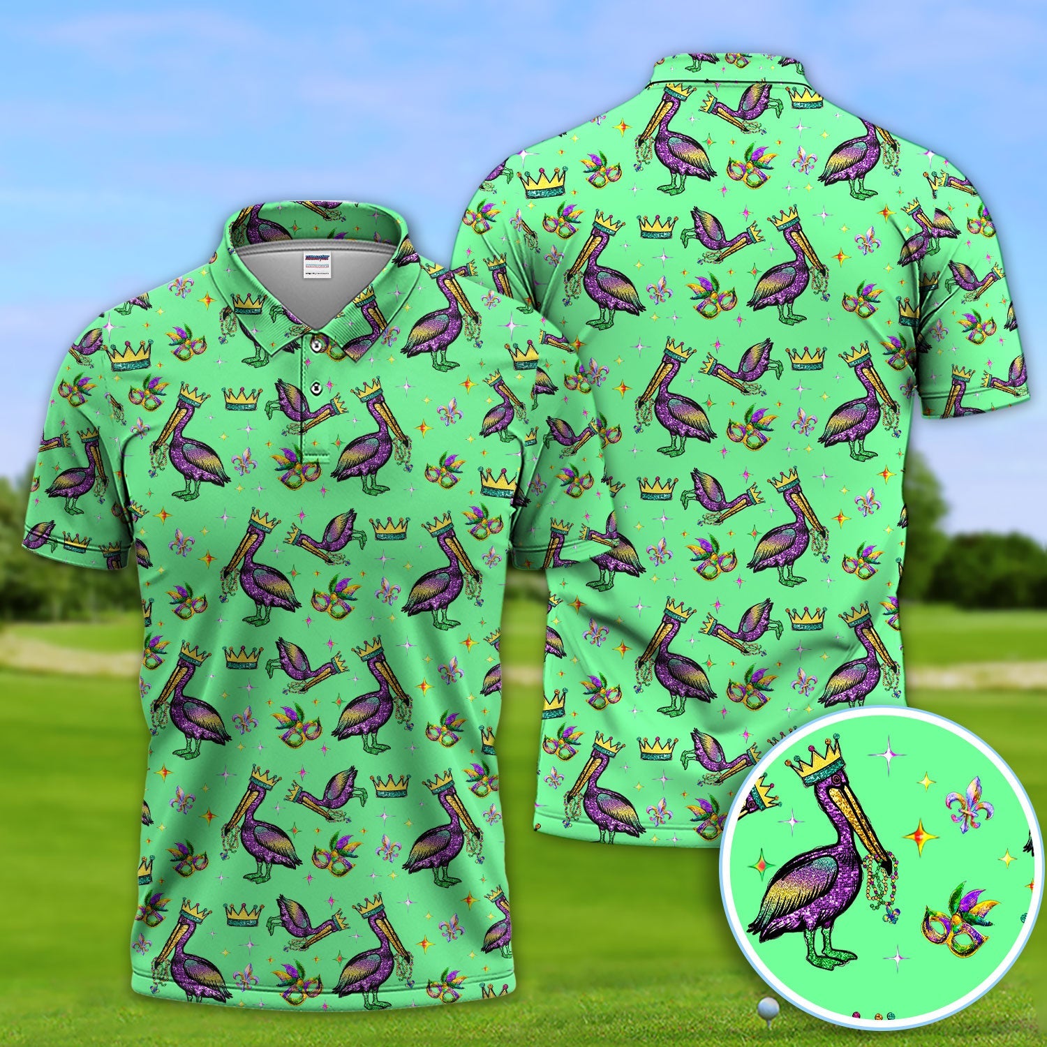 Mardi Gras Pelican Pattern Golf Polos, Funny Pelican Golf Shirt For Men, Crazy Golf Gift For Golfer