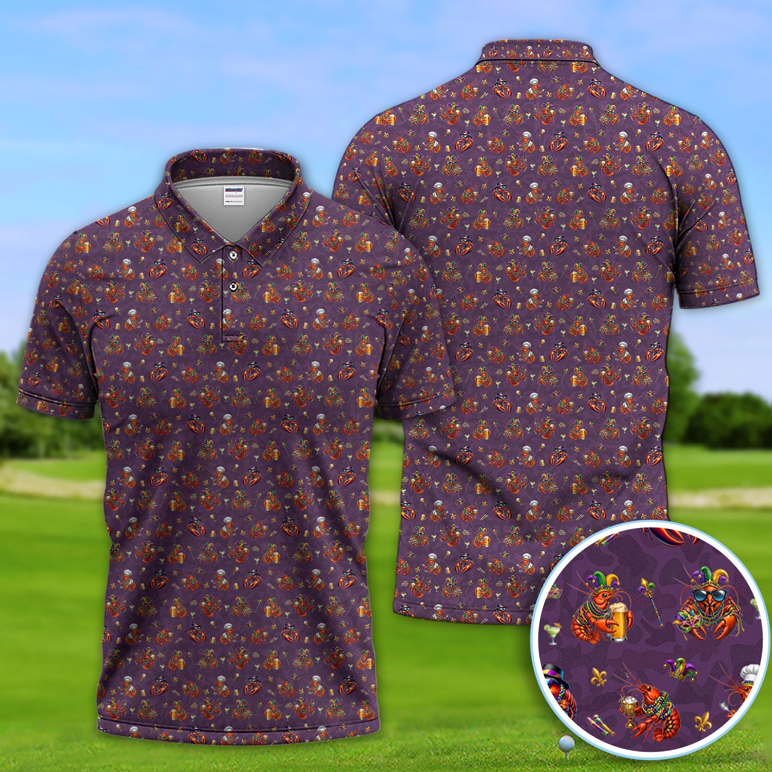 Funny Crawfish Mardi Gras Pattern Golf Shirt, Beer Crawdad Golf Polos For Golfer, Golf Gift For Men