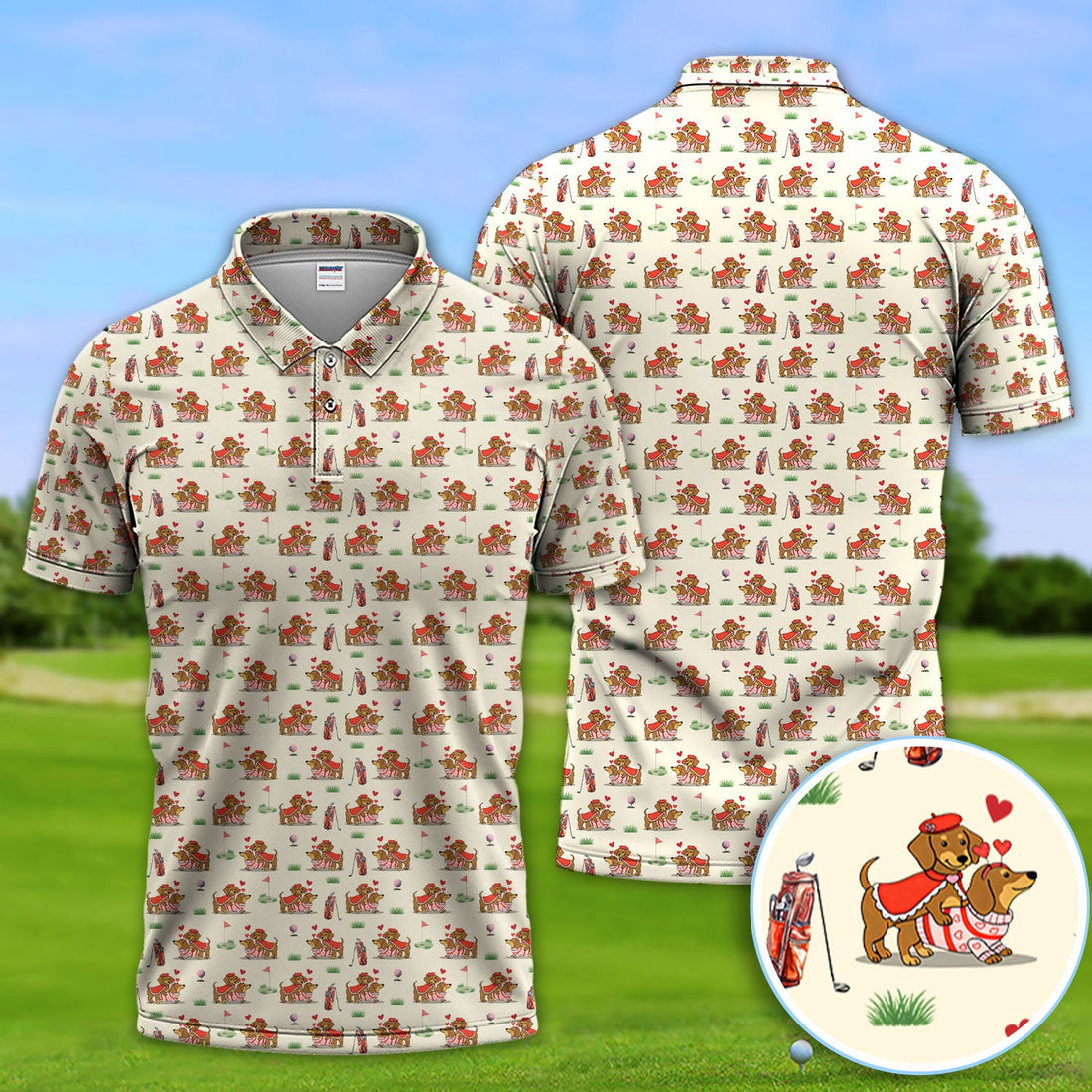 Valentine Dachshund Pattern Golf Shirt, Wiener Dog Love Golf Shirt, Golf Gift For Men