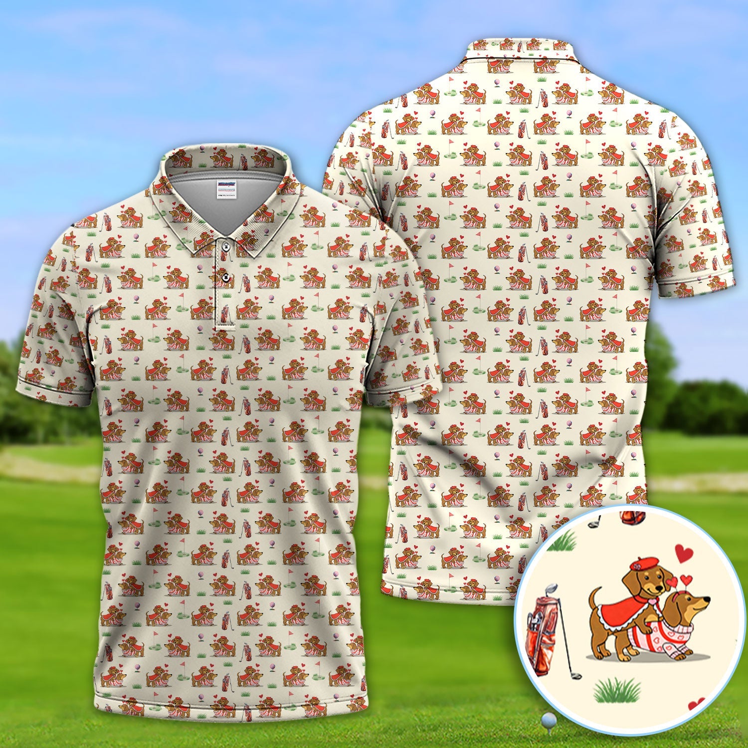 Valentine Dachshund Pattern Golf Shirt, Wiener Dog Love Golf Shirt, Golf Gift For Men