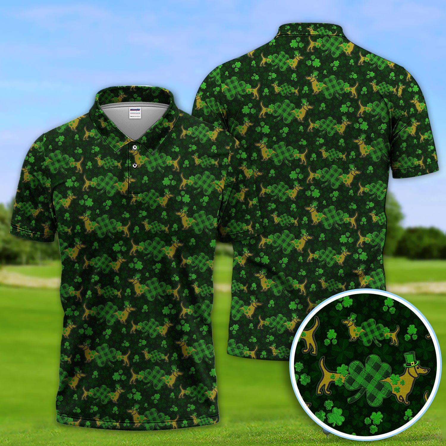 St. Patrick’s Day Golf Polos, Funny Dachshund Shamrock Golf Shirt For Men, Crazy Golf Gift For Golfer