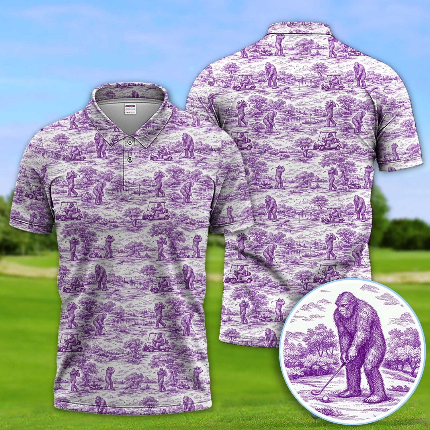 Crazy Bigfoot Pattern Golf Polos, Funny Sasquatch Golf Shirt For Men, Golf Gift For Golfer