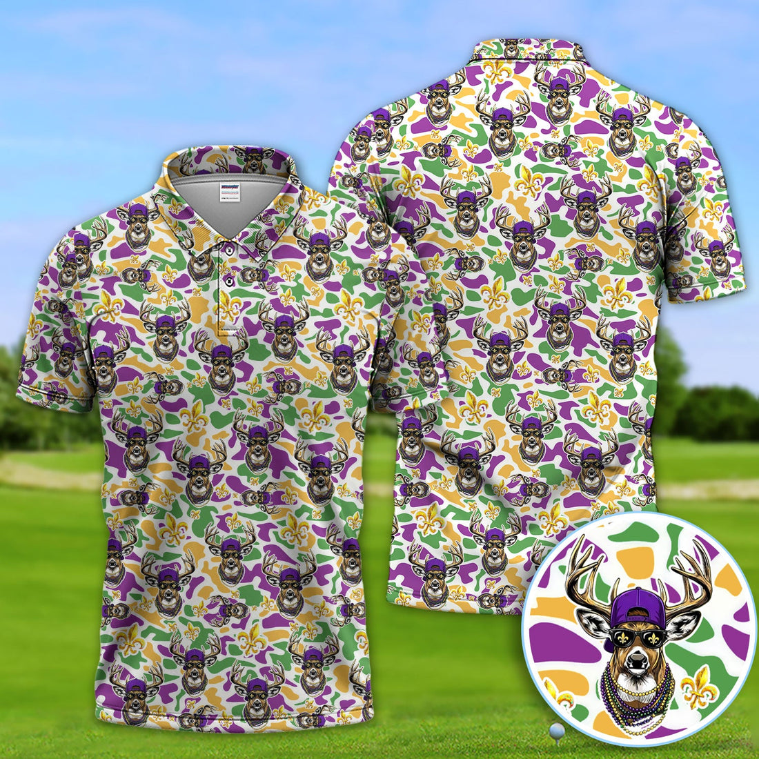 Mardi Gras Golf Polos For Golfer, Festival Deer Pattern Golf Shirt, Golf Gift For Men