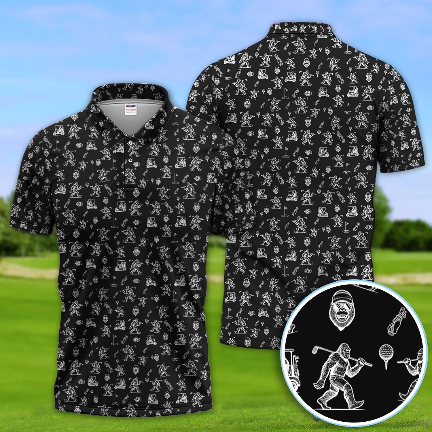 Squatch Bigfoot Pattern Golf Shirt, Funny Bigfoot Golf Polos, Golf Gift For Men