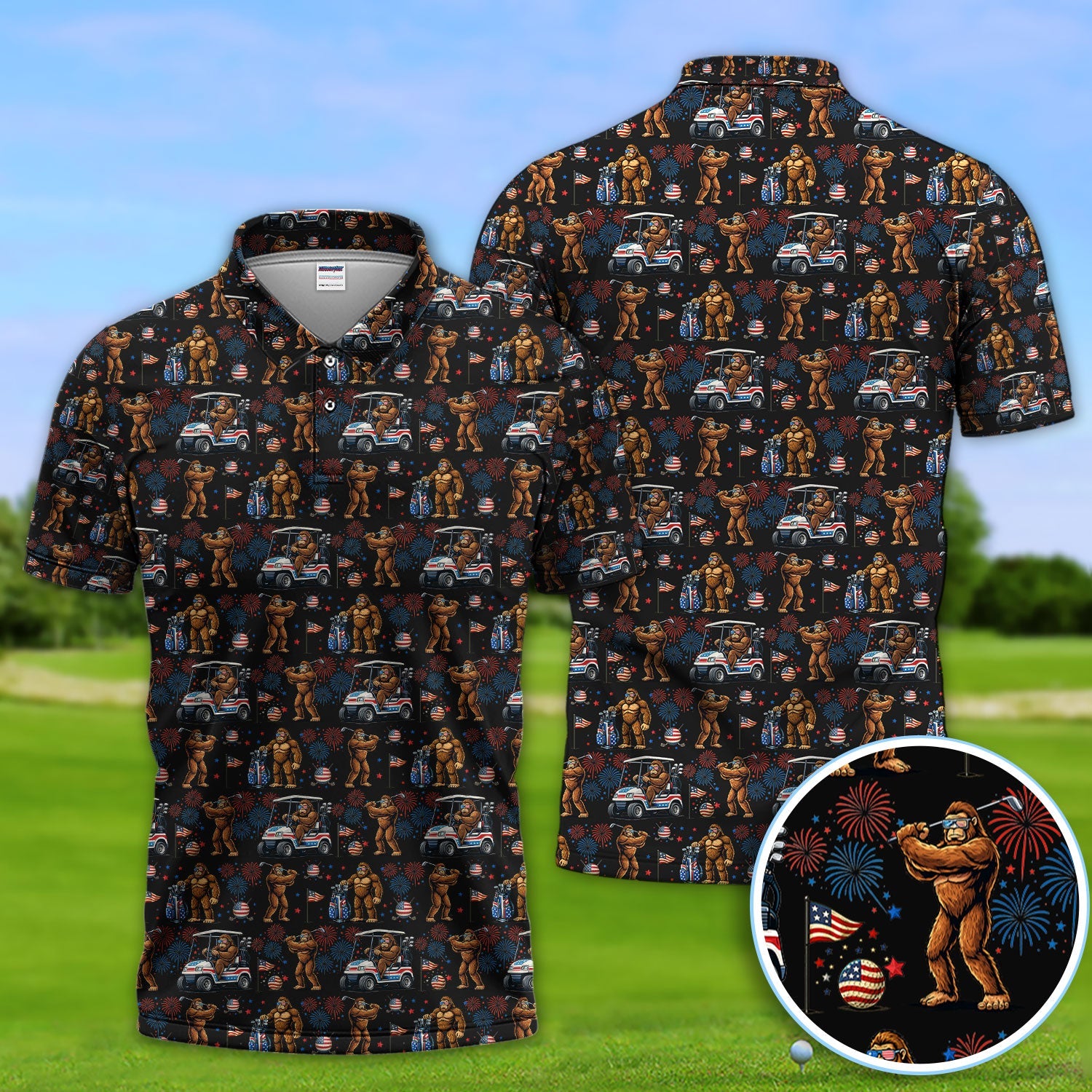 Funny Bigfoot Golf Polos For Golfer, Sasquatch Patriotic USA Pattern Golf Shirt, Golf Gift For Men