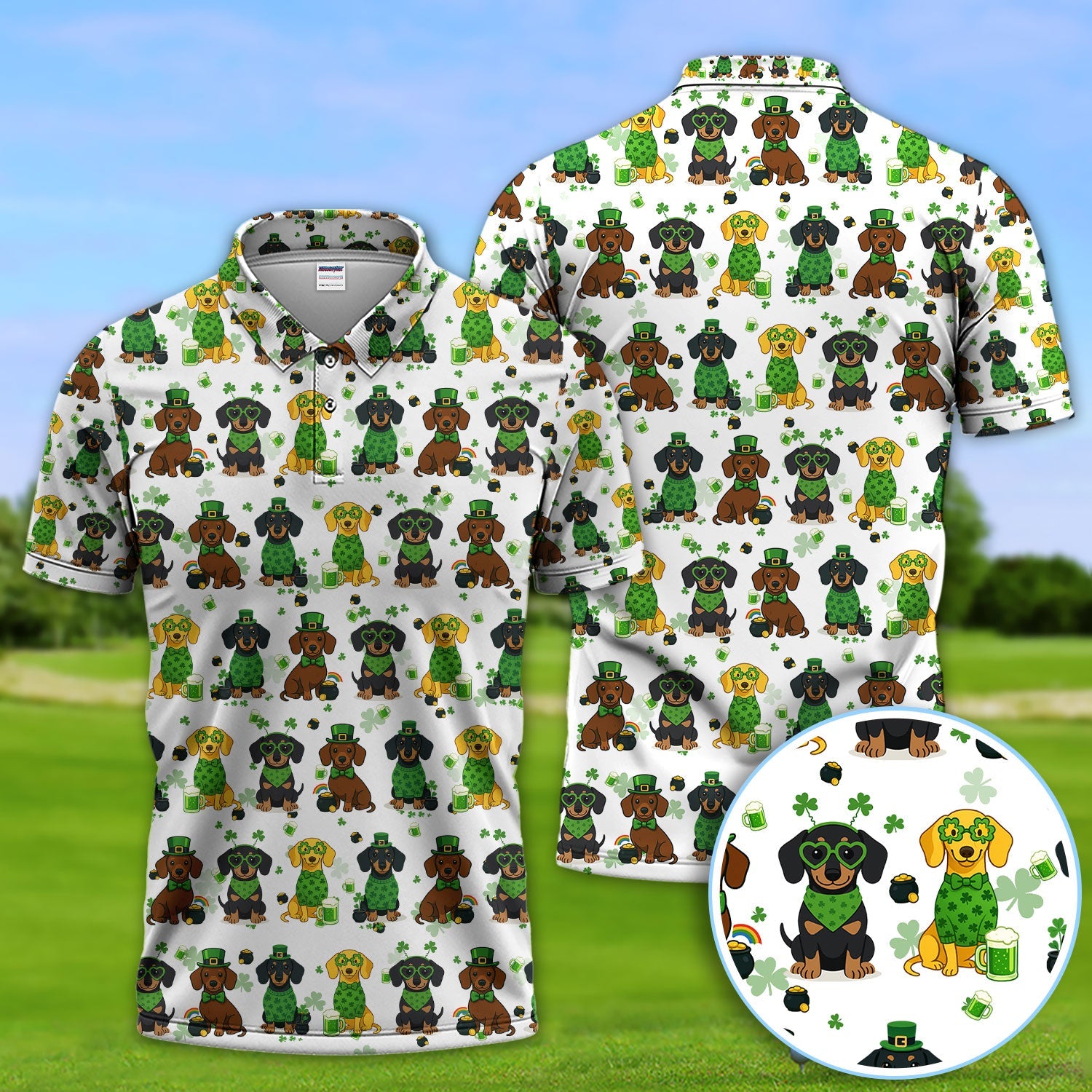 St. Patrick’s Day Dachshund Dog Pattern Golf Shirt, Funny Shamrock Dog Golf Polos For Men, Golf Gift For Golfer