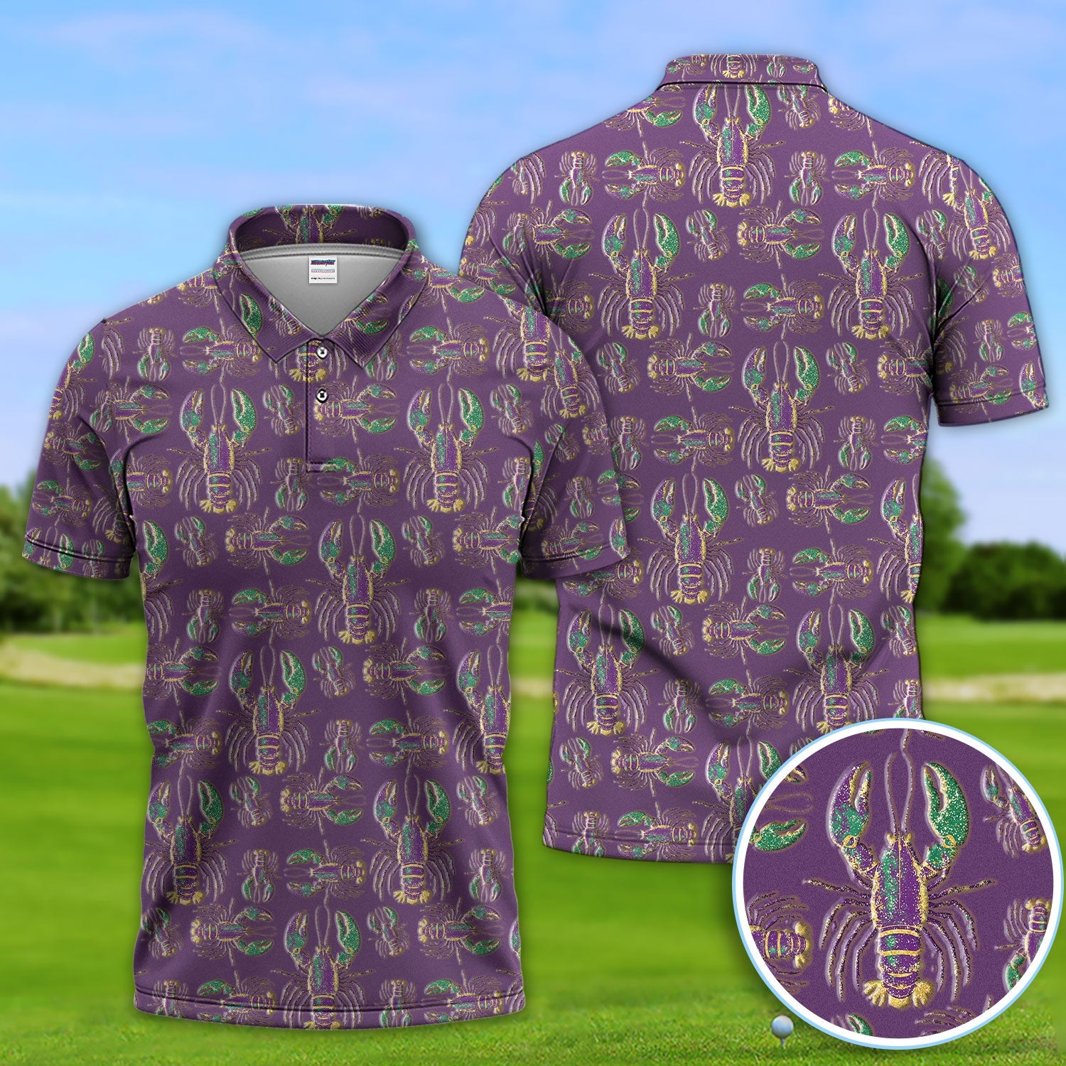 Mardi Gras Crawfish Pattern Golf Polos, Crazy Louisiana Crawfish Golf Shirt For Men, Golf Gift For Golfer