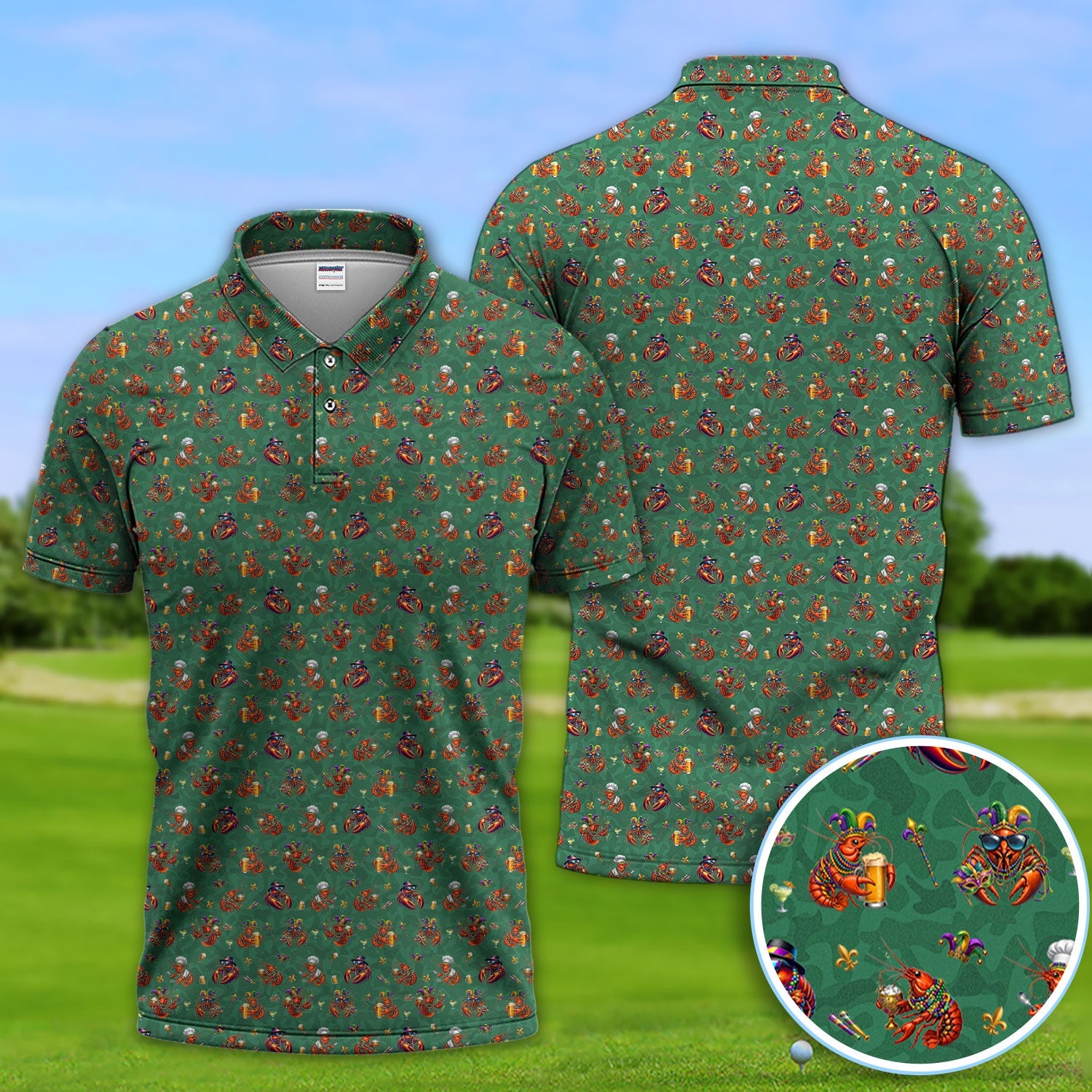 Funny Crawfish Mardi Gras Pattern Golf Shirt, Beer Crawdad Golf Polos For Golfer, Golf Gift For Men