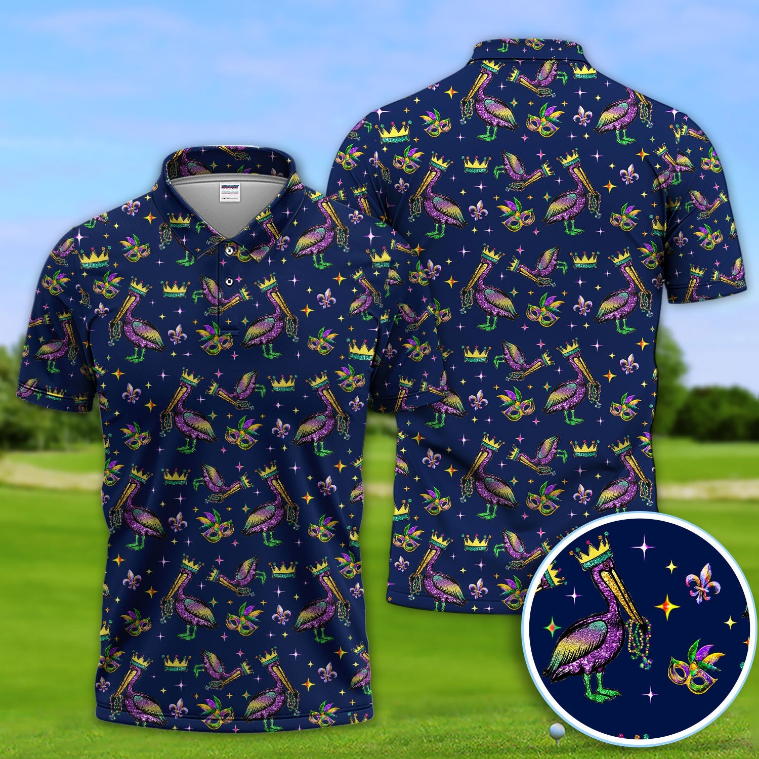 Mardi Gras Pelican Pattern Golf Polos, Funny Pelican Golf Shirt For Men, Crazy Golf Gift For Golfer