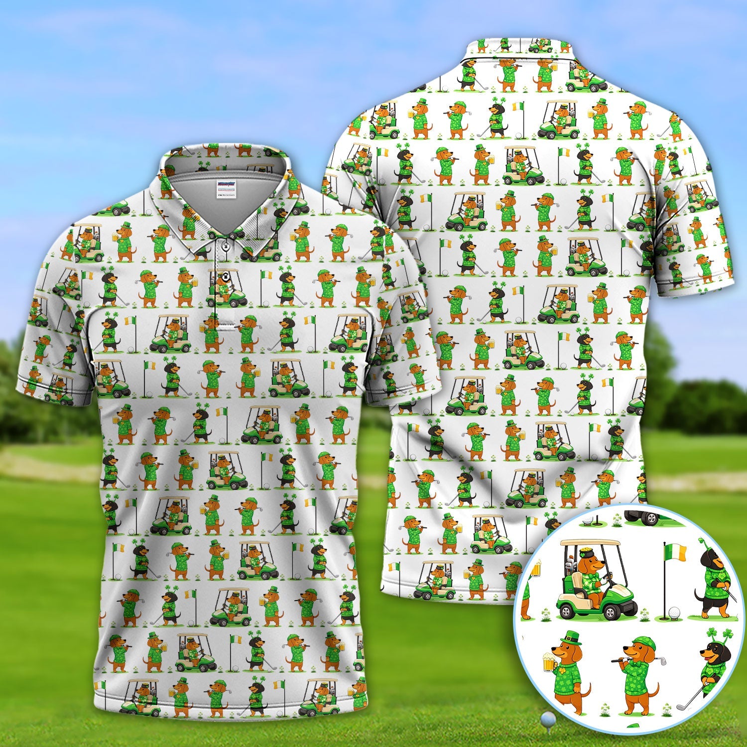 St. Patrick’s Day Dachshund Pattern Golf Polos, Funny Irish Wiener Dog Golf Shirt For Men, Golf Gift For Golfer