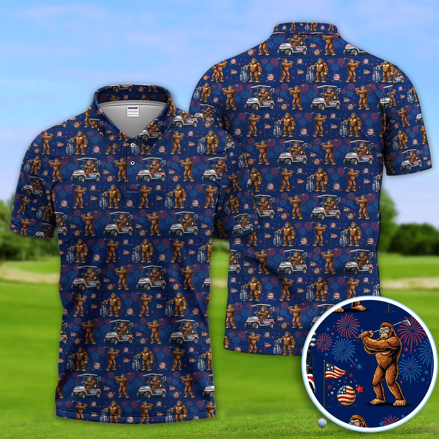 Funny Bigfoot Golf Polos For Golfer, Sasquatch Patriotic USA Pattern Golf Shirt, Golf Gift For Men