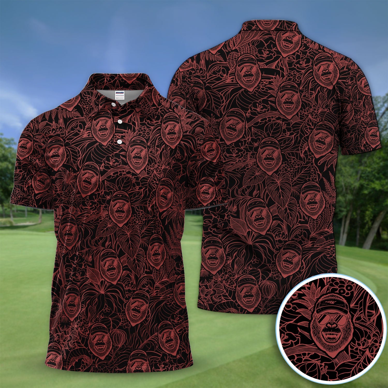 Bigfoot Red Neon Outline Polo Shirt For Men, Sasquatch Face All Over Print, Dark Cryptid Pattern Casual Golf Shirt
