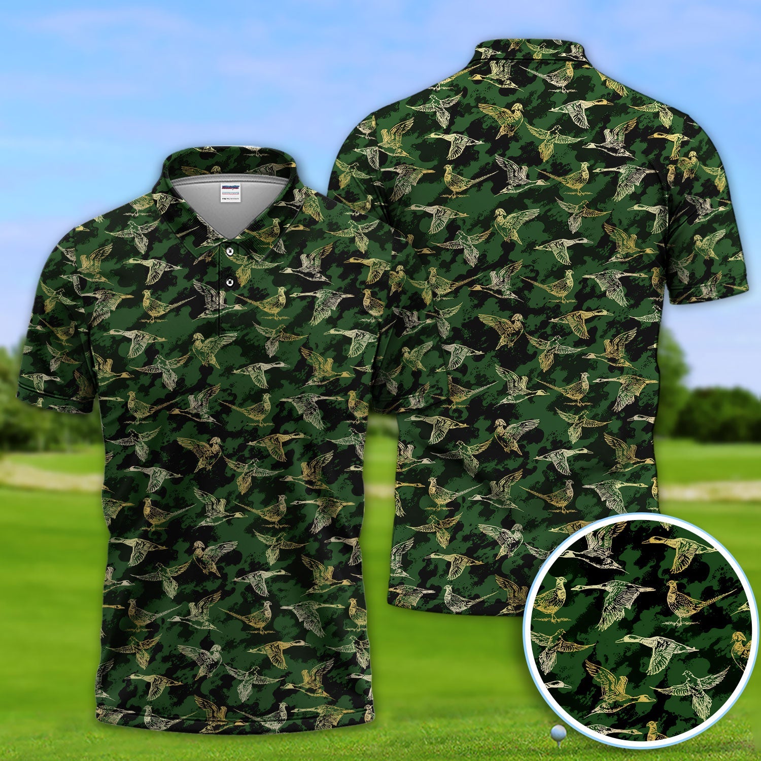 Duck Camo Pattern Golf Polos For Golfer, Flying Waterfowl Golf Shirt, Golf Gift For Men