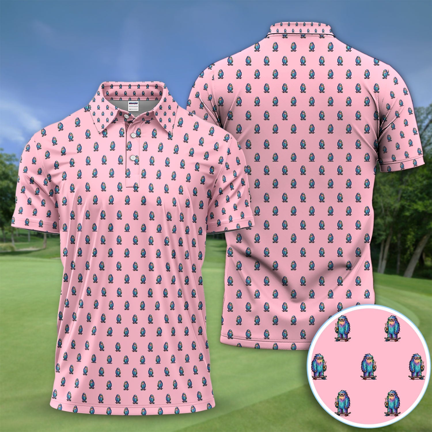 Funny Yeti Pattern Golf Polos, Bigfoot Coffee Skateboard Golf Shirt, Crazy Golf Shirts For Men