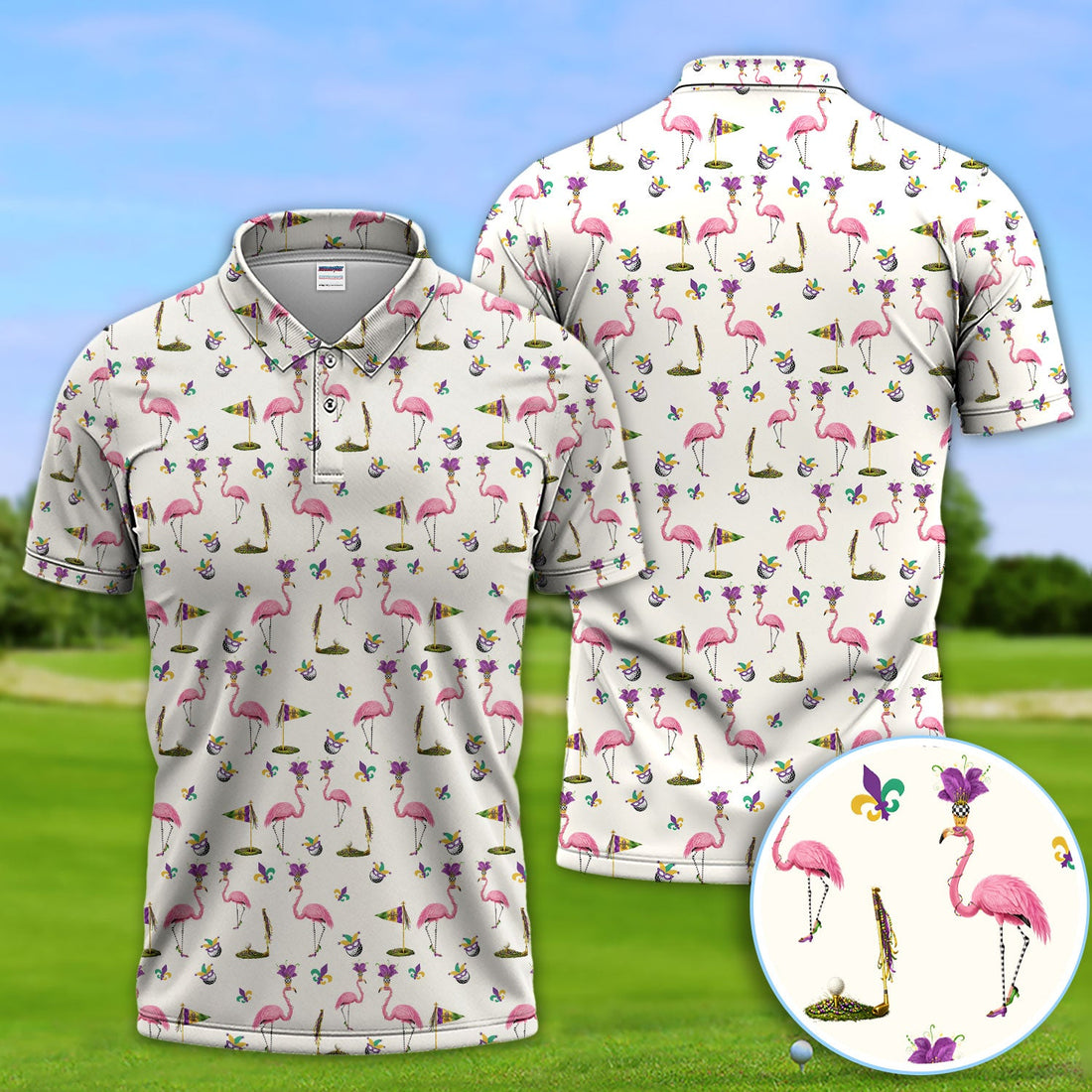 Flamingo Mardi Gras Golf Polos For Golfer, Funny Holiday Pattern Golf Shirt, Golf Gift For Men