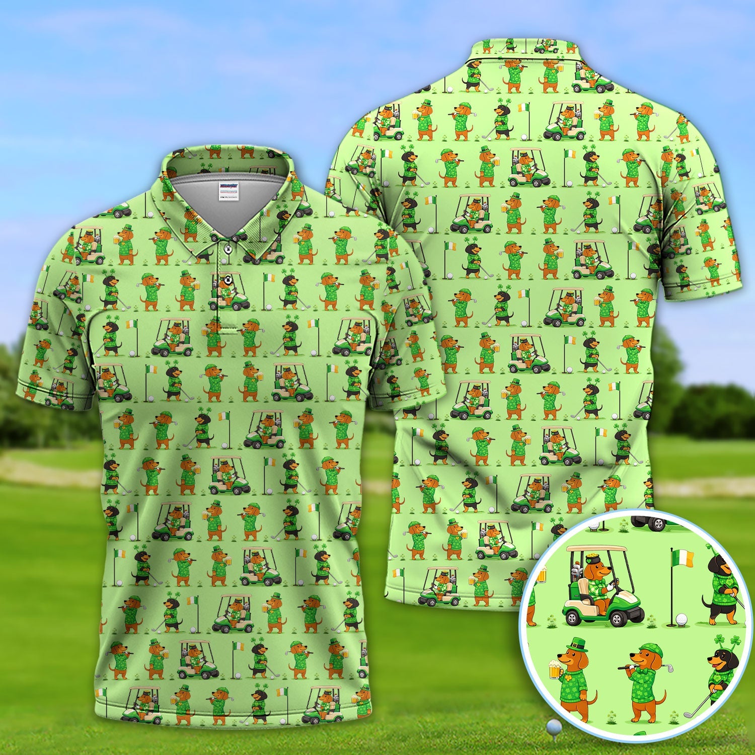 St. Patrick’s Day Dachshund Pattern Golf Polos, Funny Irish Wiener Dog Golf Shirt For Men, Golf Gift For Golfer