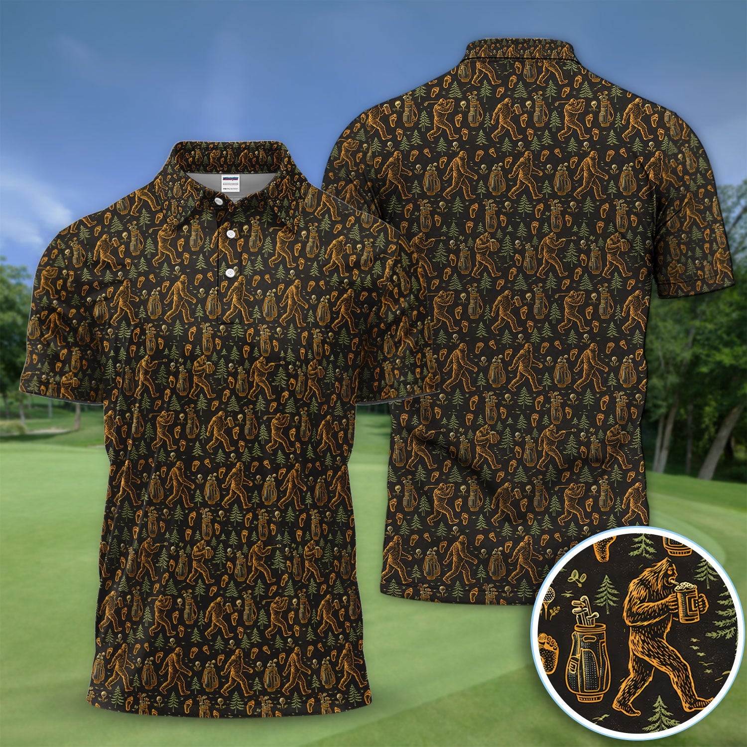 Bigfoot Beer Forest Pattern Golf Shirt, Sasquatch Drinking Golf Shirt For Men, Golfer Gift