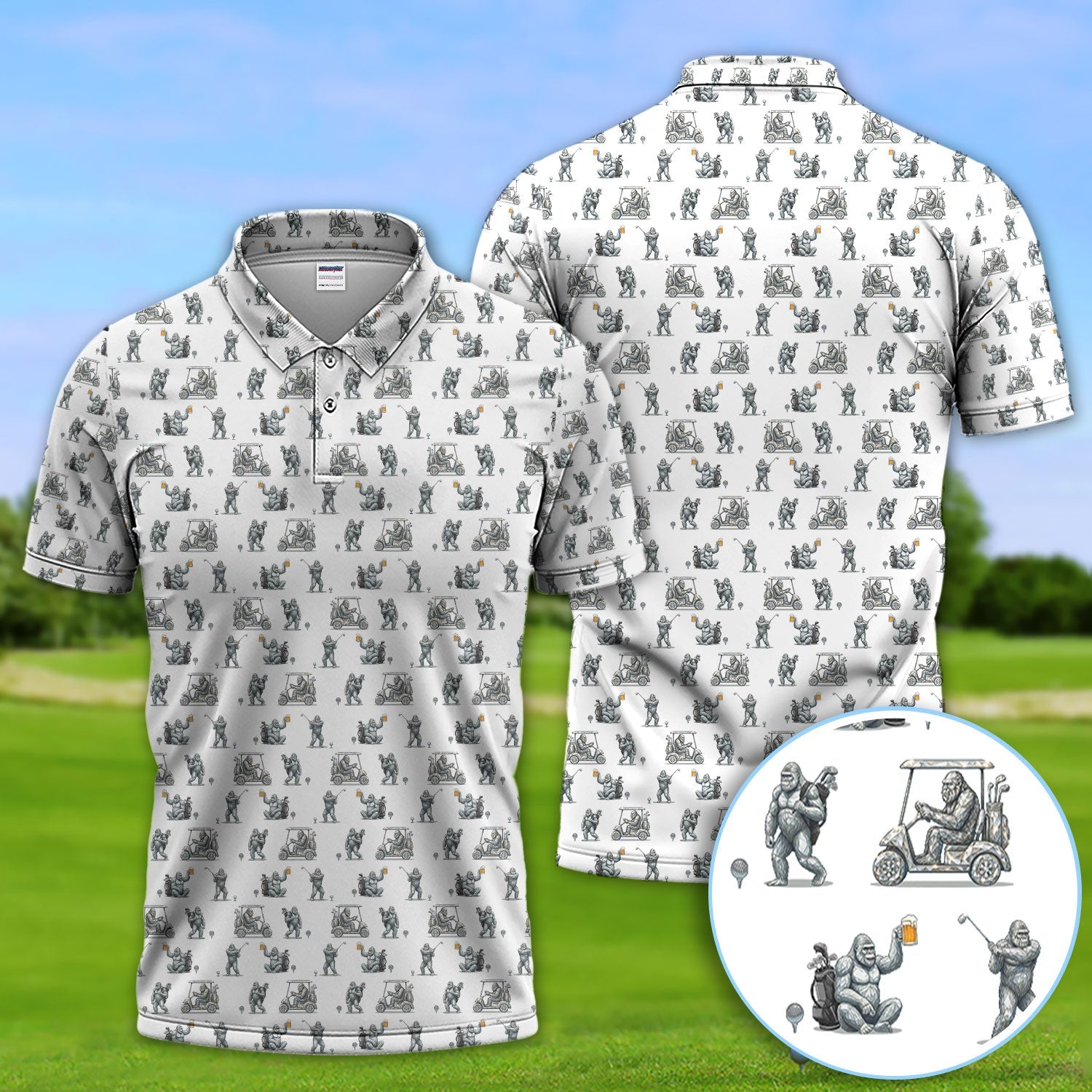 Funny Bigfoot Pattern Golf Shirt, Squatch Bigfoot Golf Polos, Crazy Golf Gift For Men