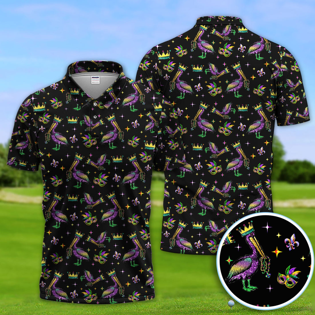 Mardi Gras Pelican Pattern Golf Polos, Funny Pelican Golf Shirt For Men, Crazy Golf Gift For Golfer