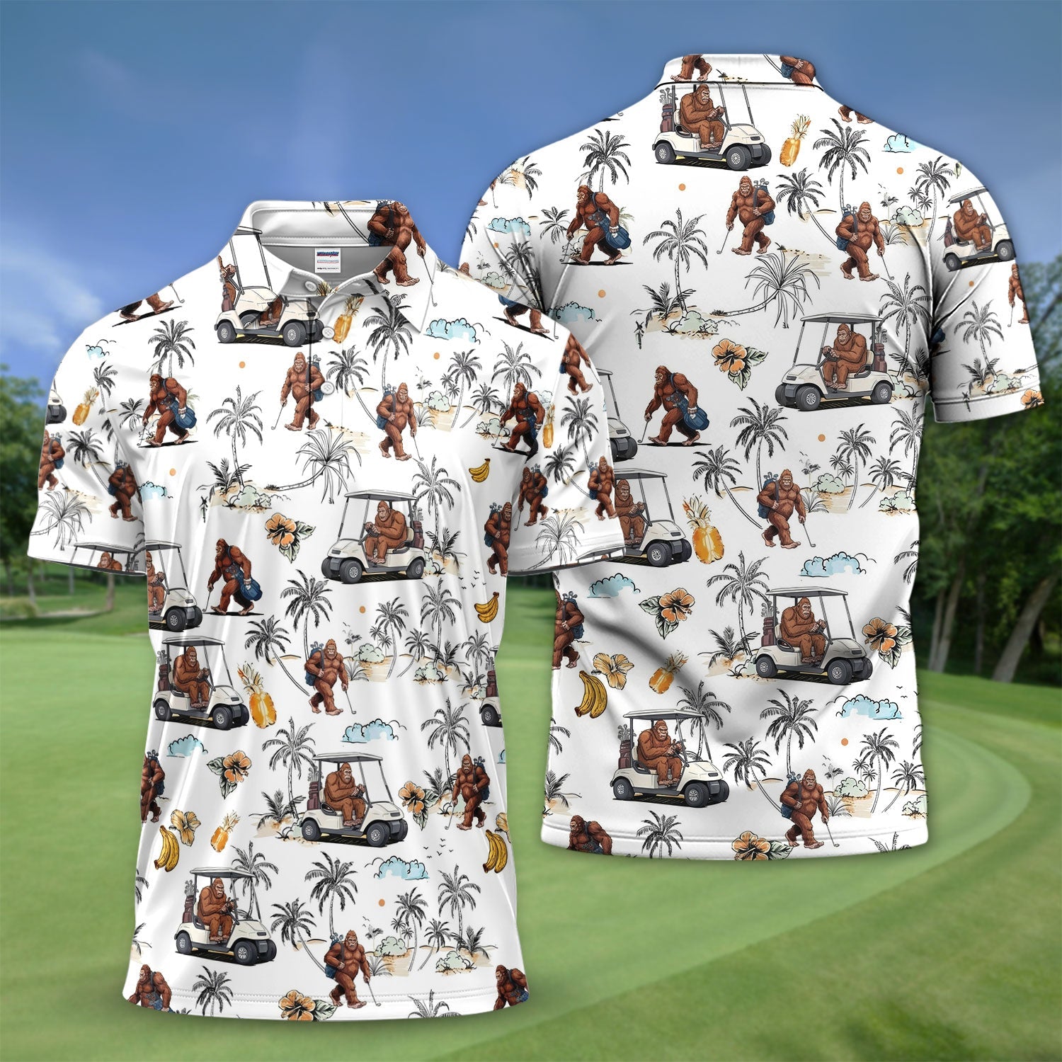 Funny Bigfoot Golf Pattern Shirt, Sasquatch Hawaiian Golf Polo For Men, Golfer Gift