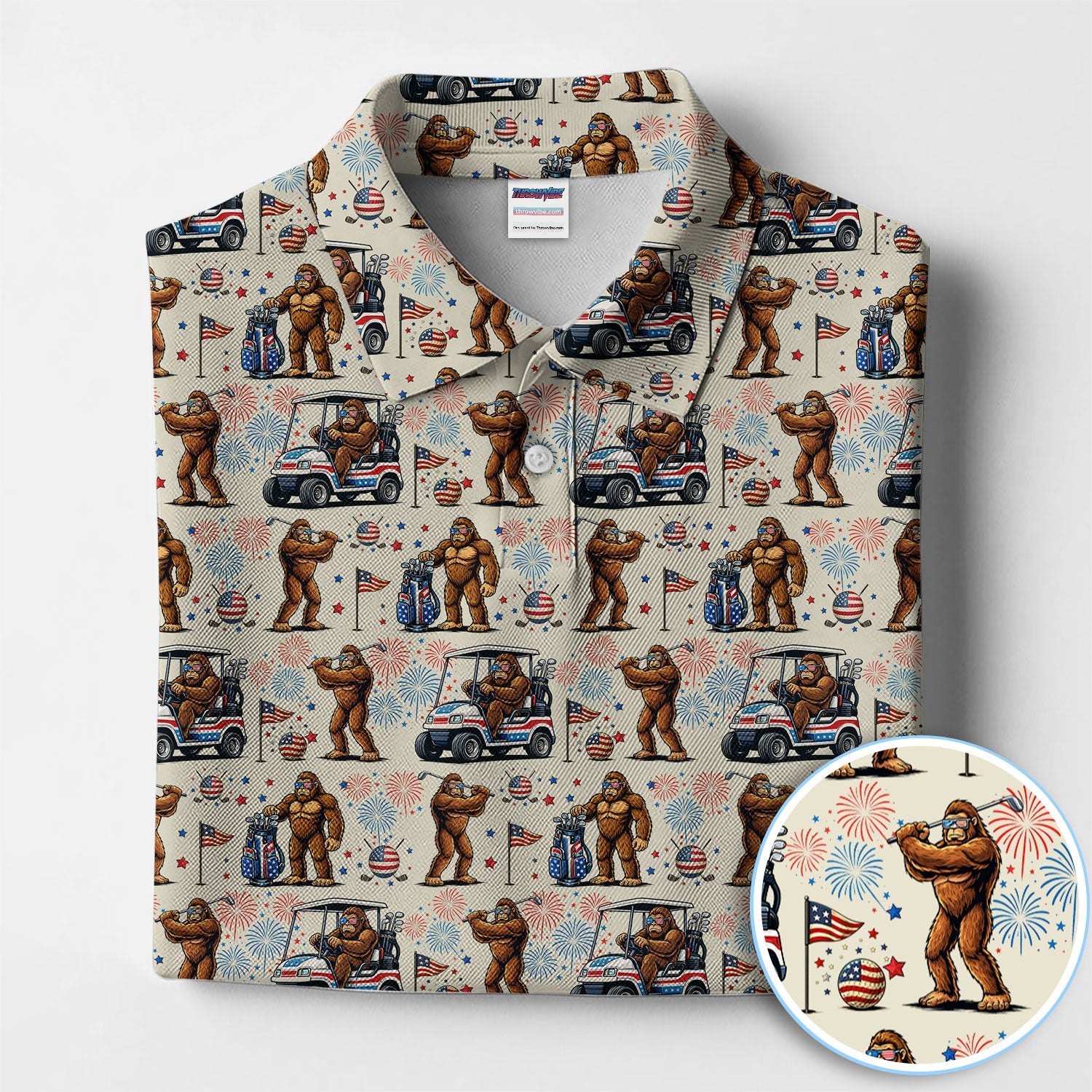 Funny Bigfoot Golf Polos For Golfer, Sasquatch Patriotic USA Pattern Golf Shirt, Golf Gift For Men