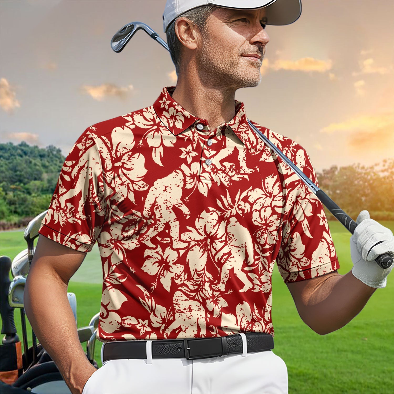 Red Bigfoot Hawaiian Polo Shirt For Men, Sasquatch Floral Aloha All Over Print, Tropical Casual Summer Golf Shirt