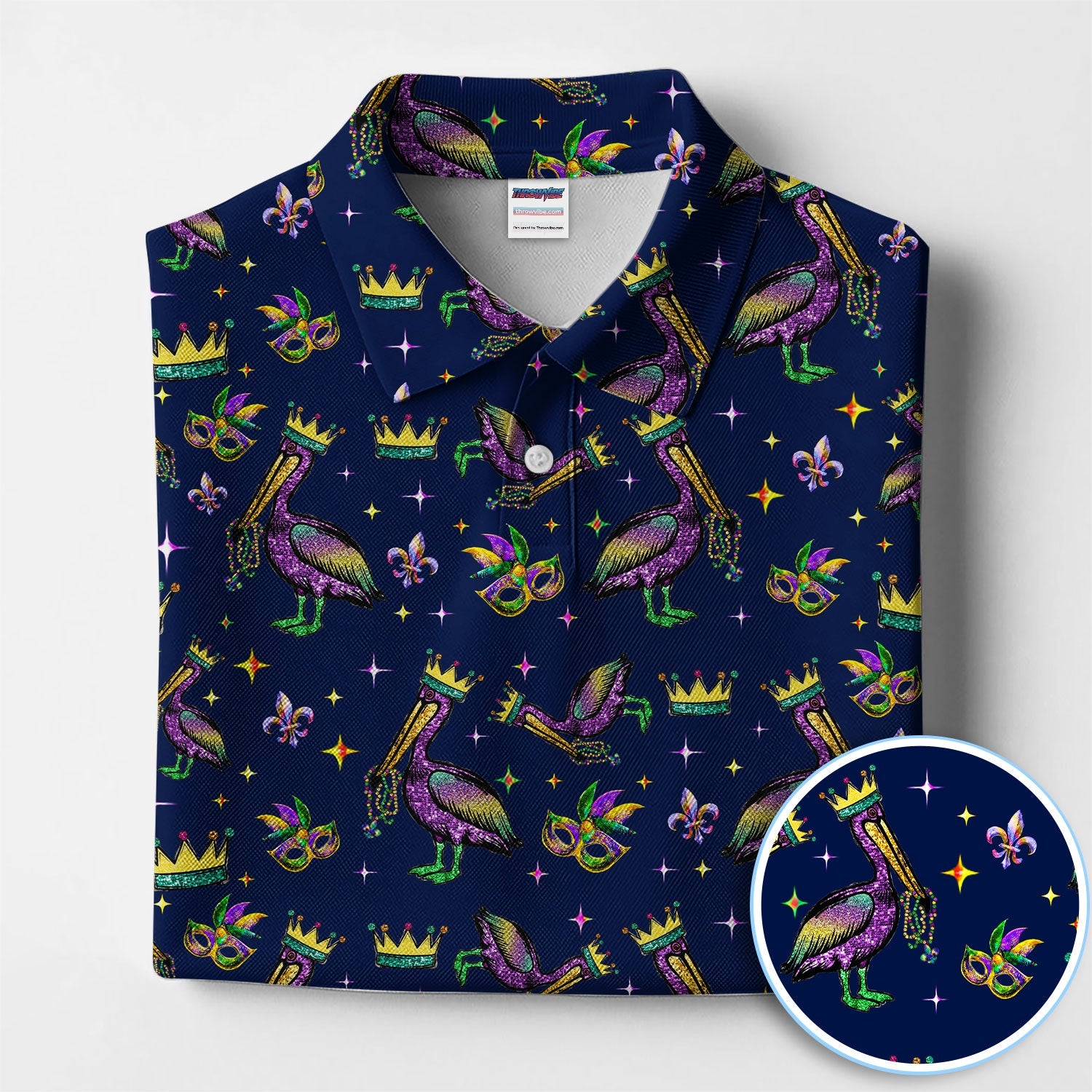 Mardi Gras Pelican Pattern Golf Polos, Funny Pelican Golf Shirt For Men, Crazy Golf Gift For Golfer