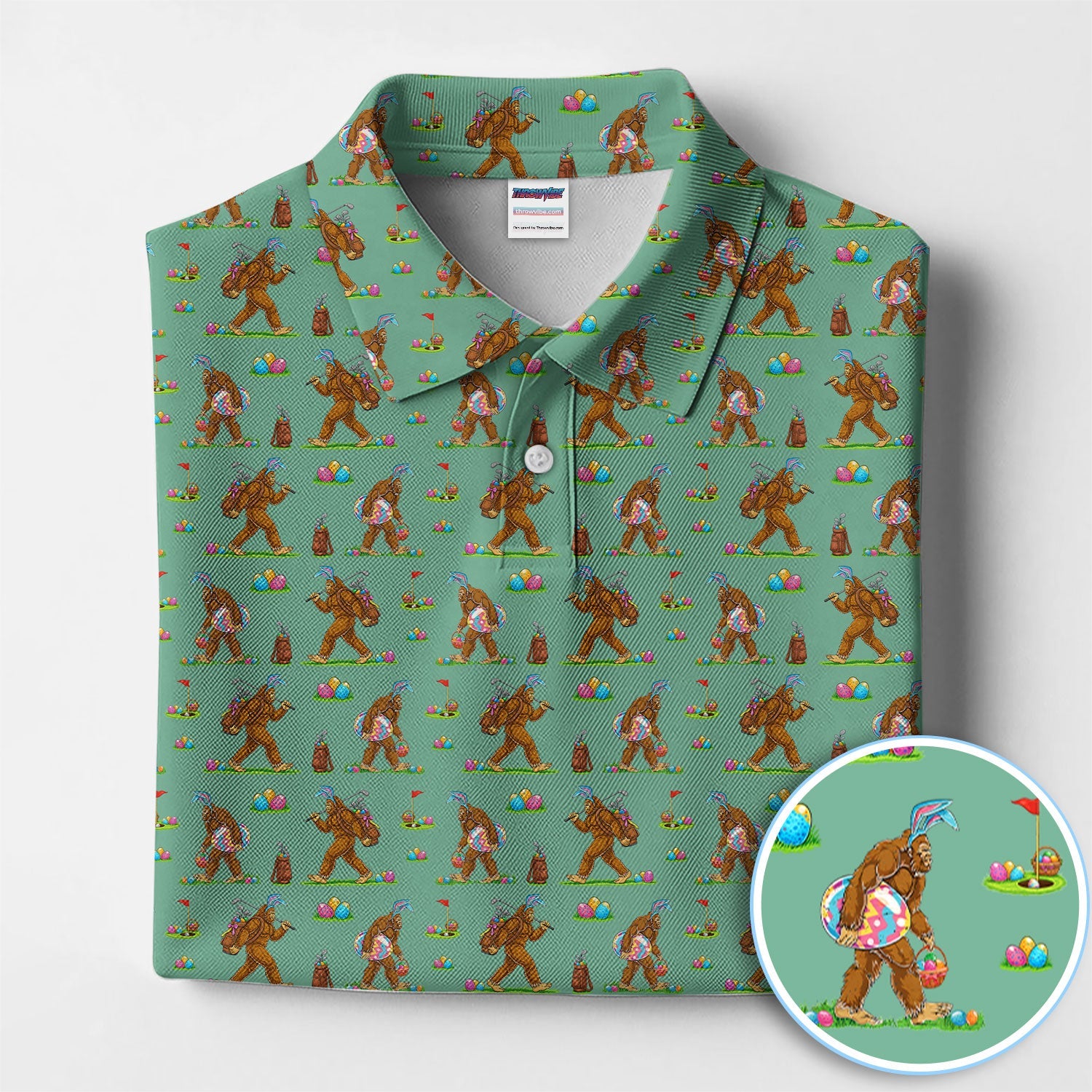 Bigfoot Easter Pattern Golf Polos, Bunny Sasquatch Golf Shirt For Men, Easter Day Shirt For Golfer