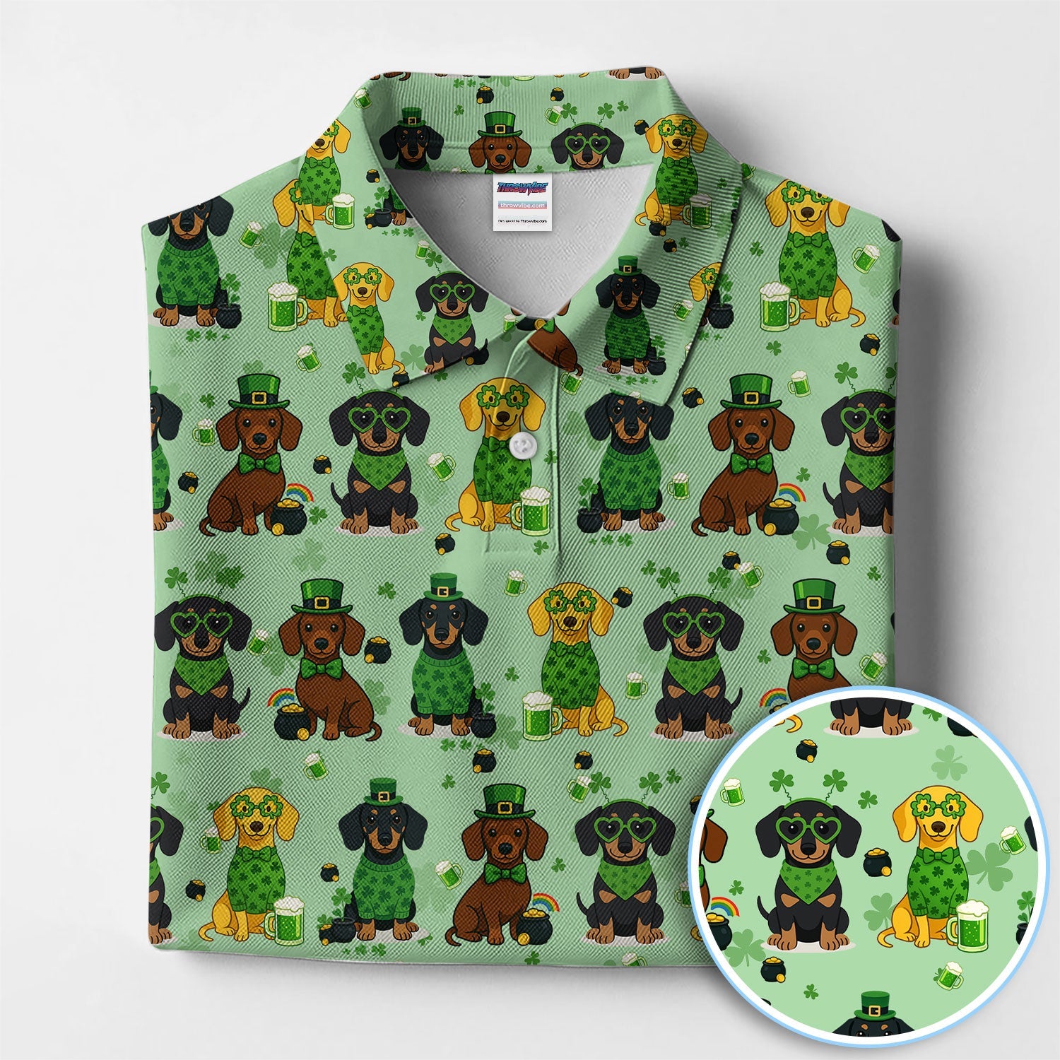 St. Patrick’s Day Dachshund Dog Pattern Golf Shirt, Funny Shamrock Dog Golf Polos For Men, Golf Gift For Golfer