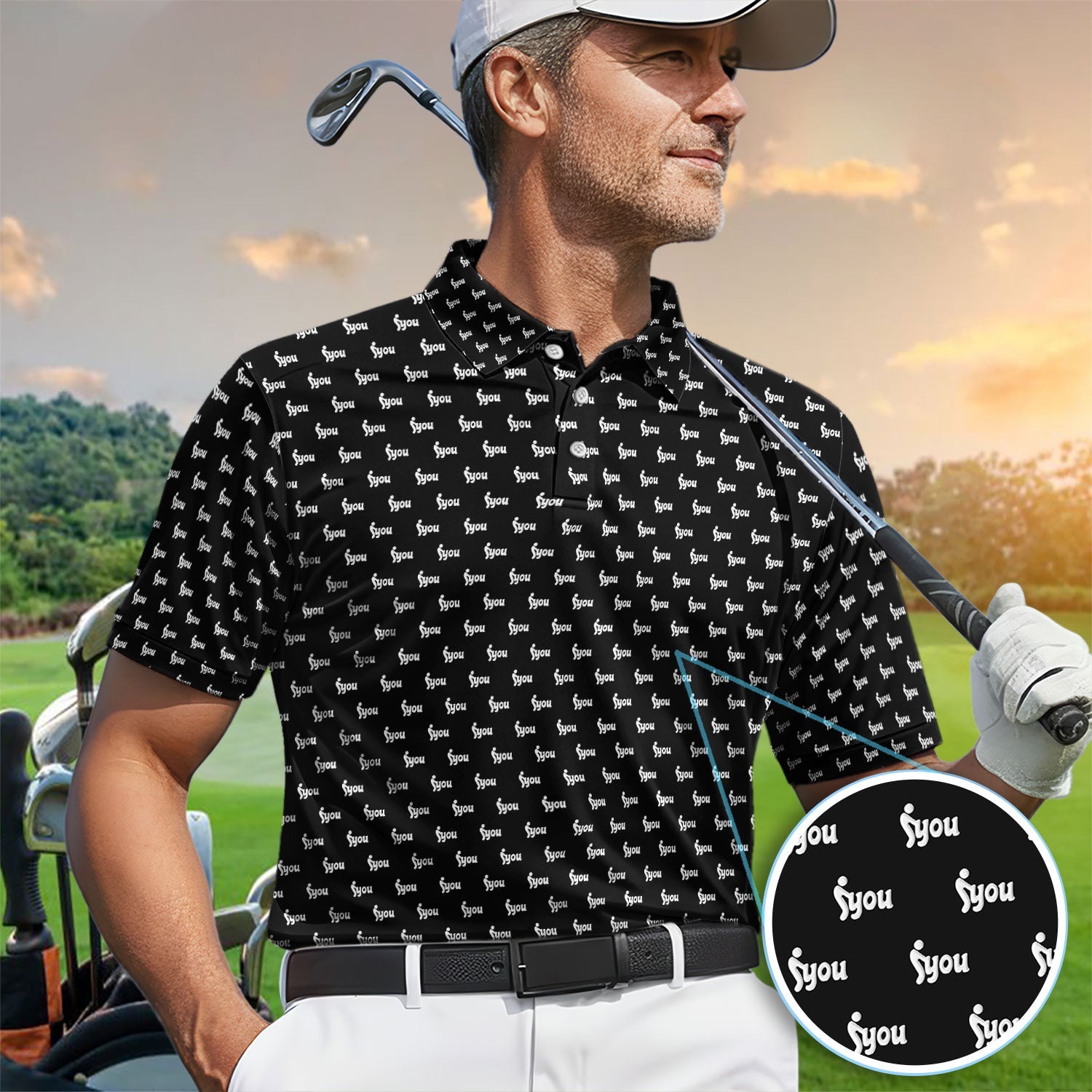 Minimalist Black Logo Golf Pattern Shirt, Monogram Streetwear Golf Shirt For Men, Trendy Gift