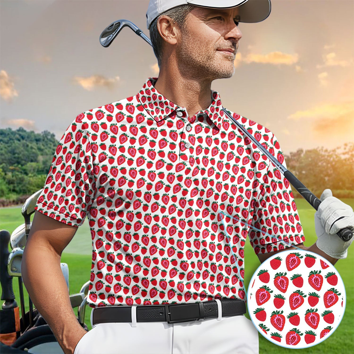 Cute Strawberry Golf Pattern Shirt, Sweet Fruit Aesthetic Golf Shirt For Men, Berry Lover Gift